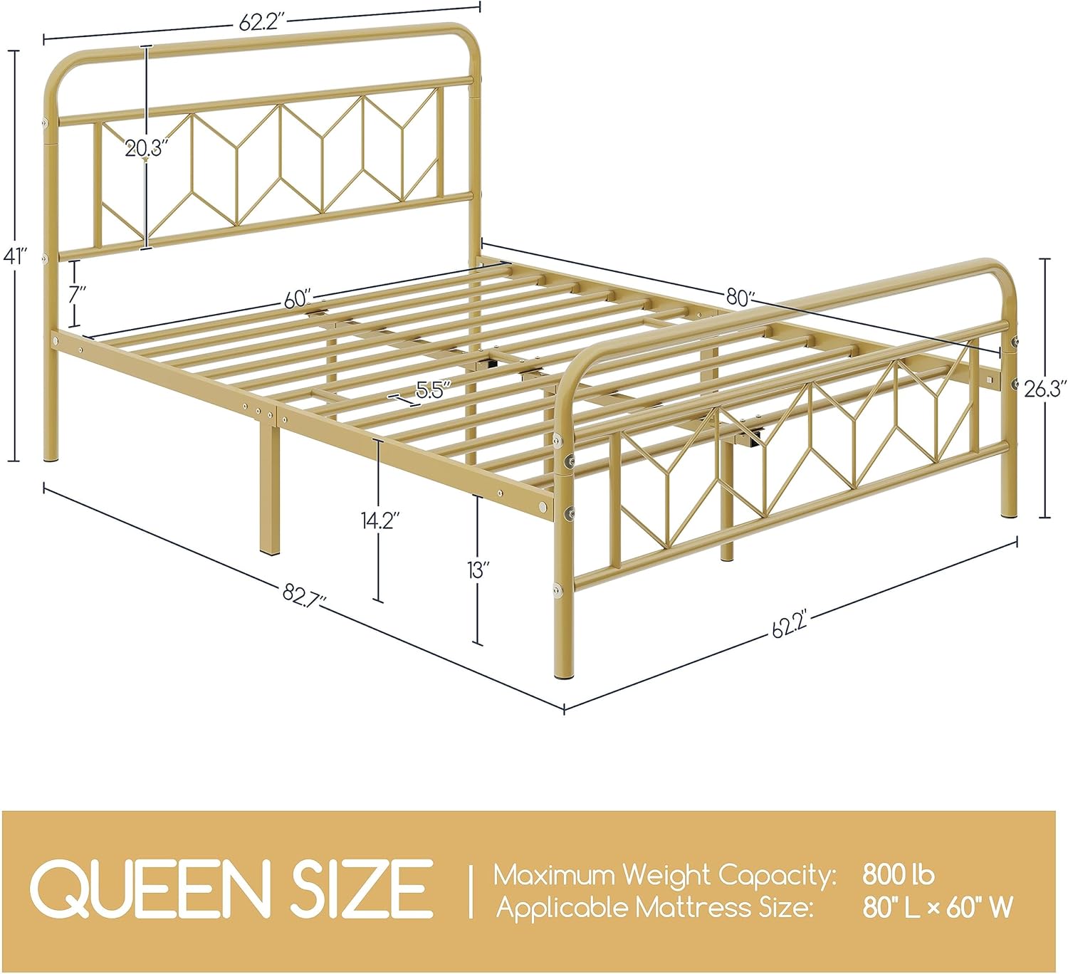 Diagram showing dimensions of the Queen size bed frame