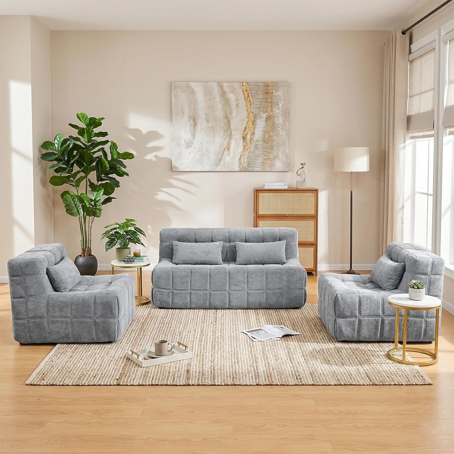 FLOGUOR 3 PCS Modular Sectional Sofa,Boneless Cloud Couches for Living Room, 2 Small Single Couch and 1 Loveseat Sets with Cushion,Comfy Floor Lounge Sofa for Bed Room,Apartment,Deep Seat Couch,Grey | Boneless Cloud, 2 Single Couch, 1 Loveseat, With Cushion, Deep Seat