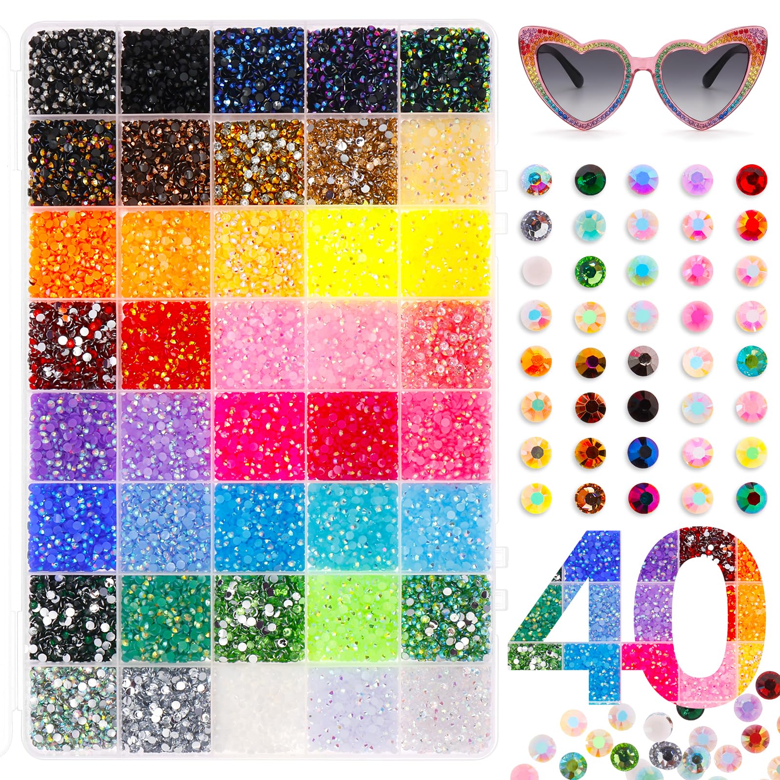 40 Colors 42000PCS Resin Rhinestones Bedazzling Kit 3mm Flatback Jelly Gems in Organizer Box DIY Bedazzling Kit Embellishments Multicolour Crystal Nail Art Rhinestones for DIY Crafts, Clothe