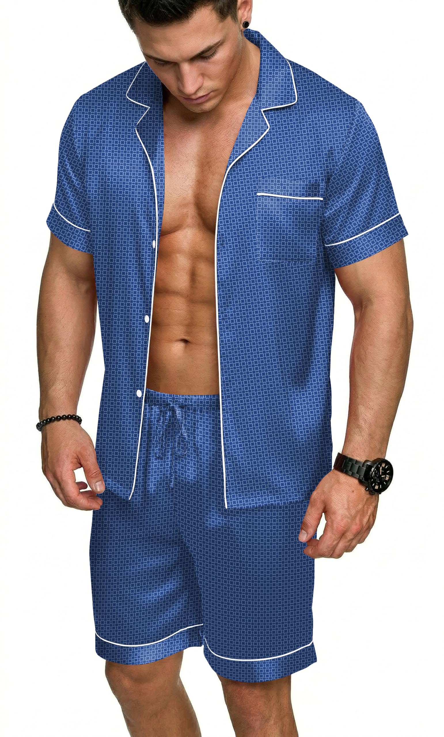 Ekouaer Mens Silk Satin Pajamas Set, Short Sleeve Sleepwear Lightweight Button Up Lounge Pjs Set with Pockets S-4XL — view 12