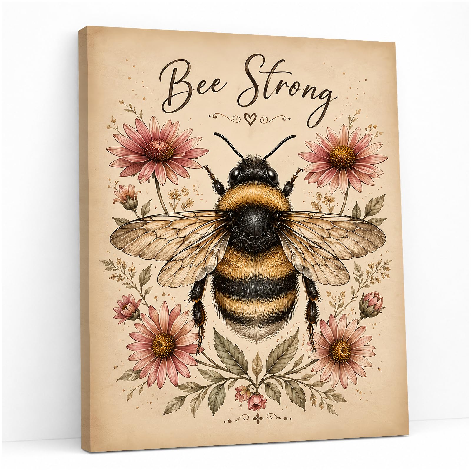 Glyzaen 12 x 16 Inch Framed Canvas Wall Art, Bee Strong Floral Print