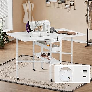 Nähtisch Klappbar,Verstellbare Höhe,Holz Klapptisch mit Rädern und Stauraum,Mobiler Zuschneidetisch mit Ladefunktion für große Stoffe,für Nähzimmer Arbeitszimmer Schlafzimmer zu Hause,Weiß