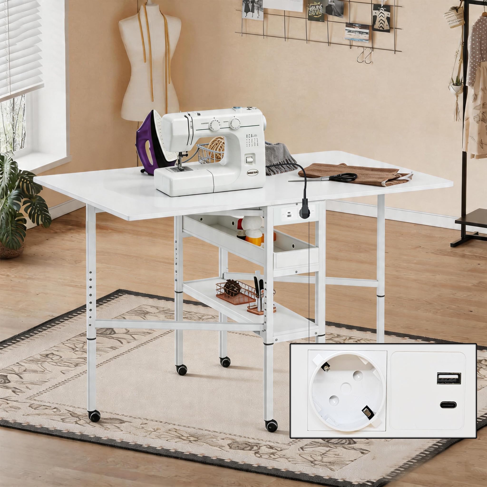 Mesa de costura ajustable de madera, mesa de corte plegable con almacenamiento integrado, ruedas bloqueables, perfecta para talleres de costura, espacios creativos y oficinas