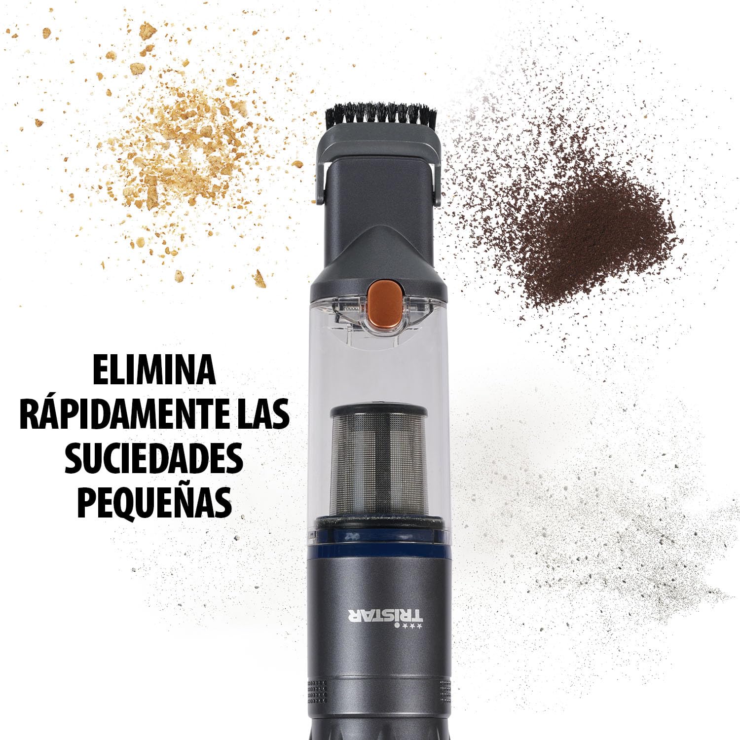 Tristar Aspirador de Mano, 12 kPa de Succión, Inalámbrico, Motor BLDC 90W, Filtro HEPA H12, 15 Min de Autonomía, Base con Almacenamiento de Accesorios, Compacto y Ligero, KR-3160