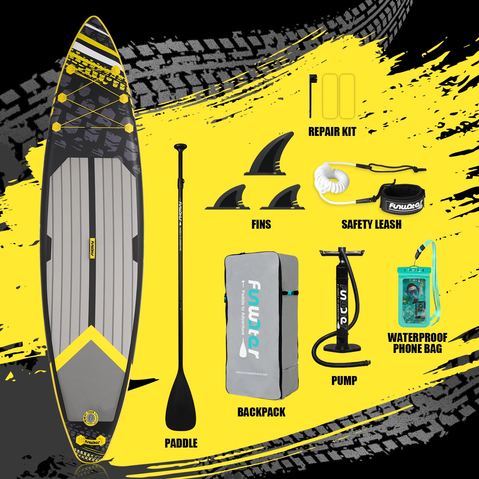 FunWater Tavola gonfiabile con pinne,guinzaglio di sicurezza,pompa a mano,pagaia,zaino Sup,per adulti e ragazzi di tutti i livelli