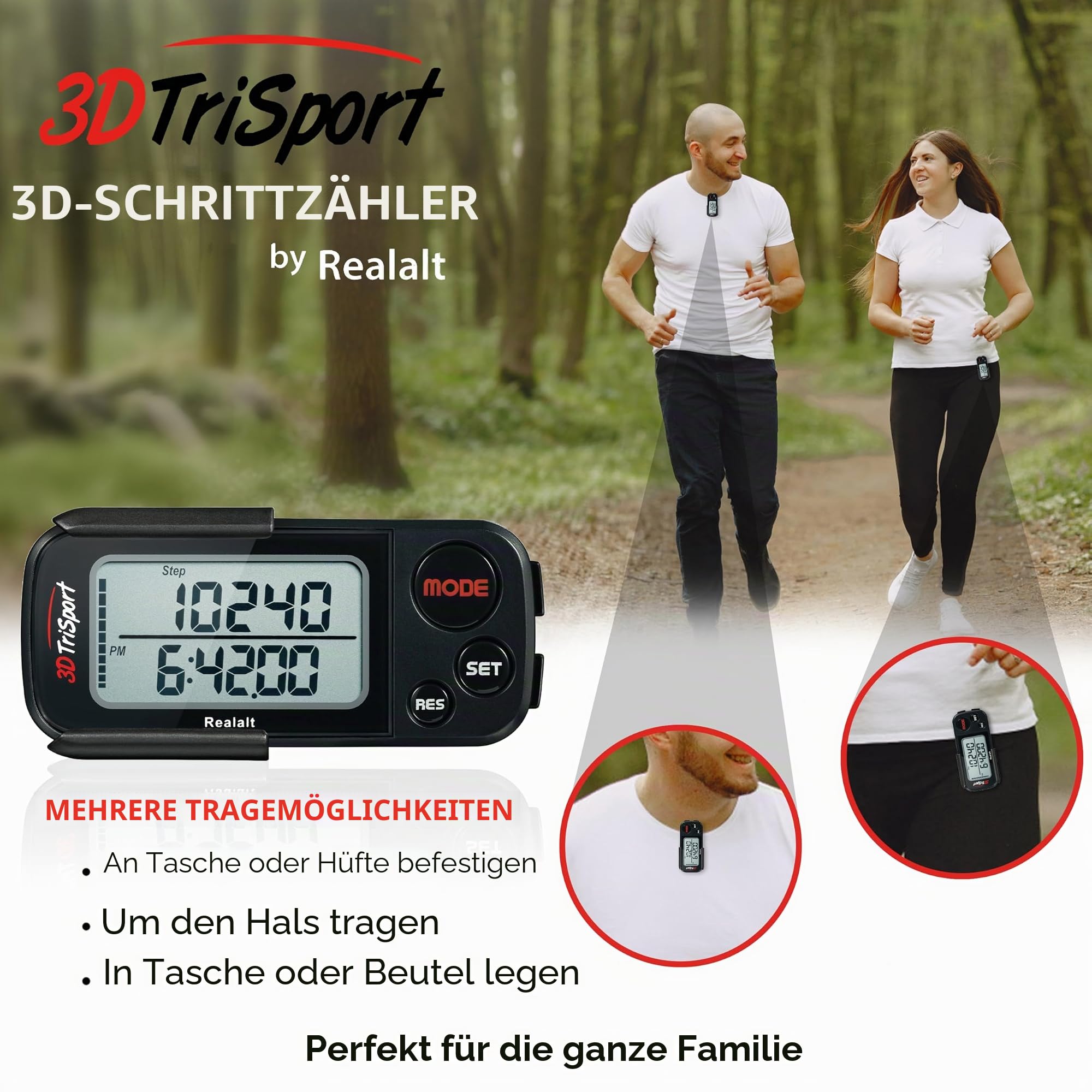 Realalt 3DTriSport 3D-Schrittzähler mit Clip & Gurt, inklusive eBook | 30-Tage-Speicher, präziser Schrittzähler, Gehstrecke in Meilen/km, Kalorienzähler, tägliche Trainingszeitüberwachung