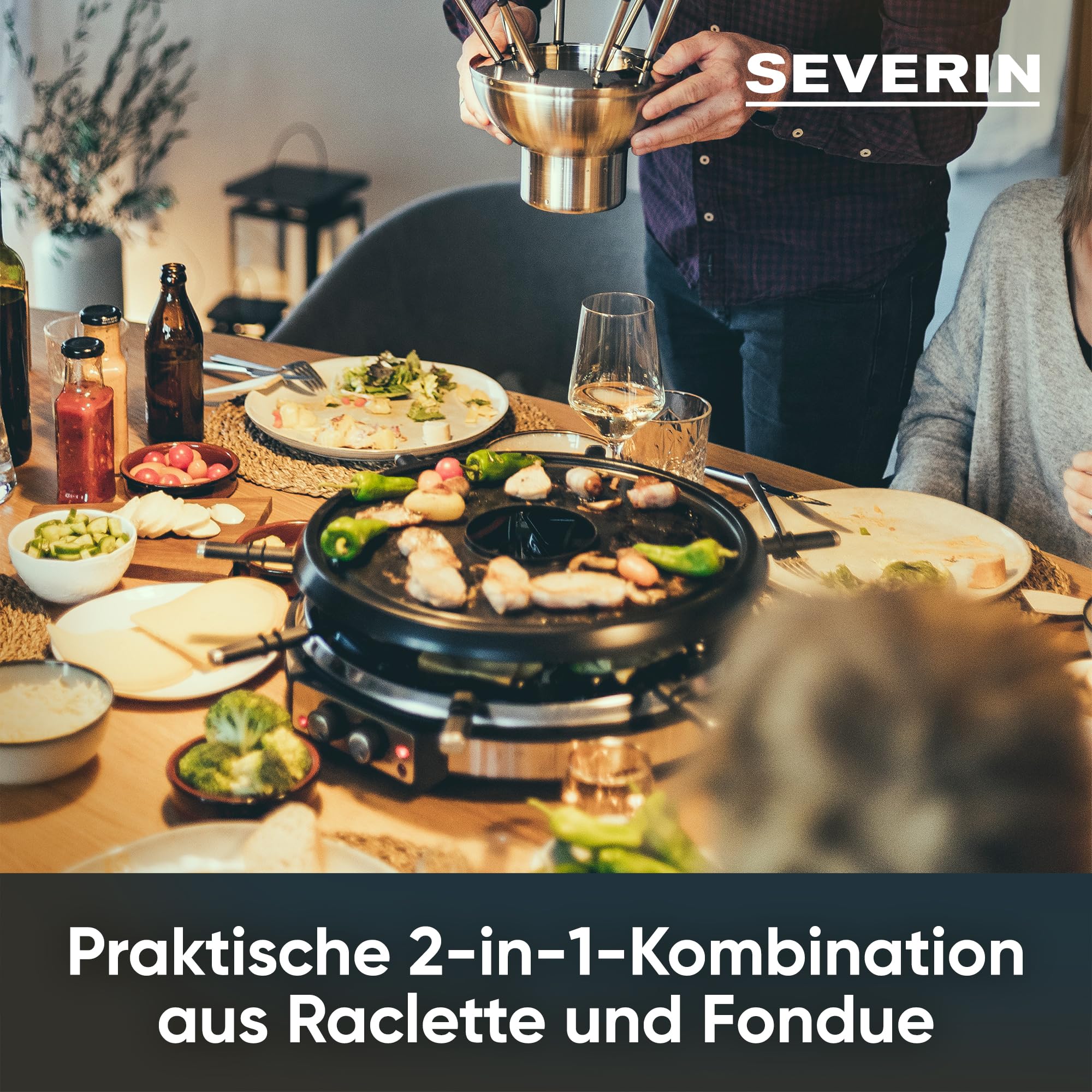 SEVERIN Raclette-Fondue-Kombination für 8 Personen, 1.900 W, zwei separat heizbare Elemente, spülmaschinengeeigneter Fondue-Topf, Edelstahl, schwarz, RG 2348