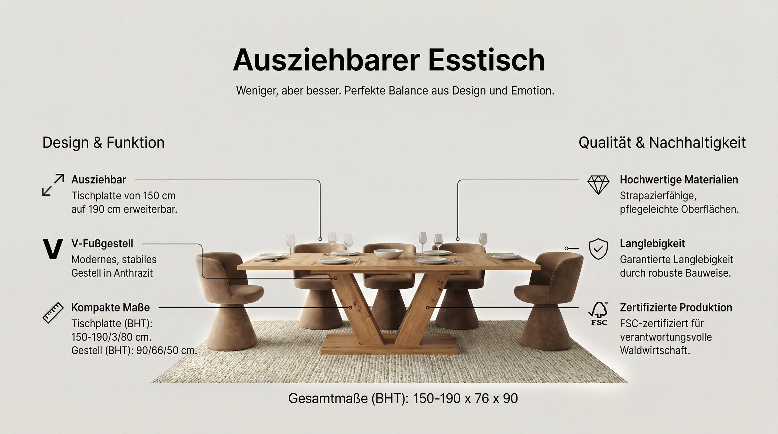 Newroom Esstisch ausziehbar Wildeiche Esszimmertisch modern V-Gestell