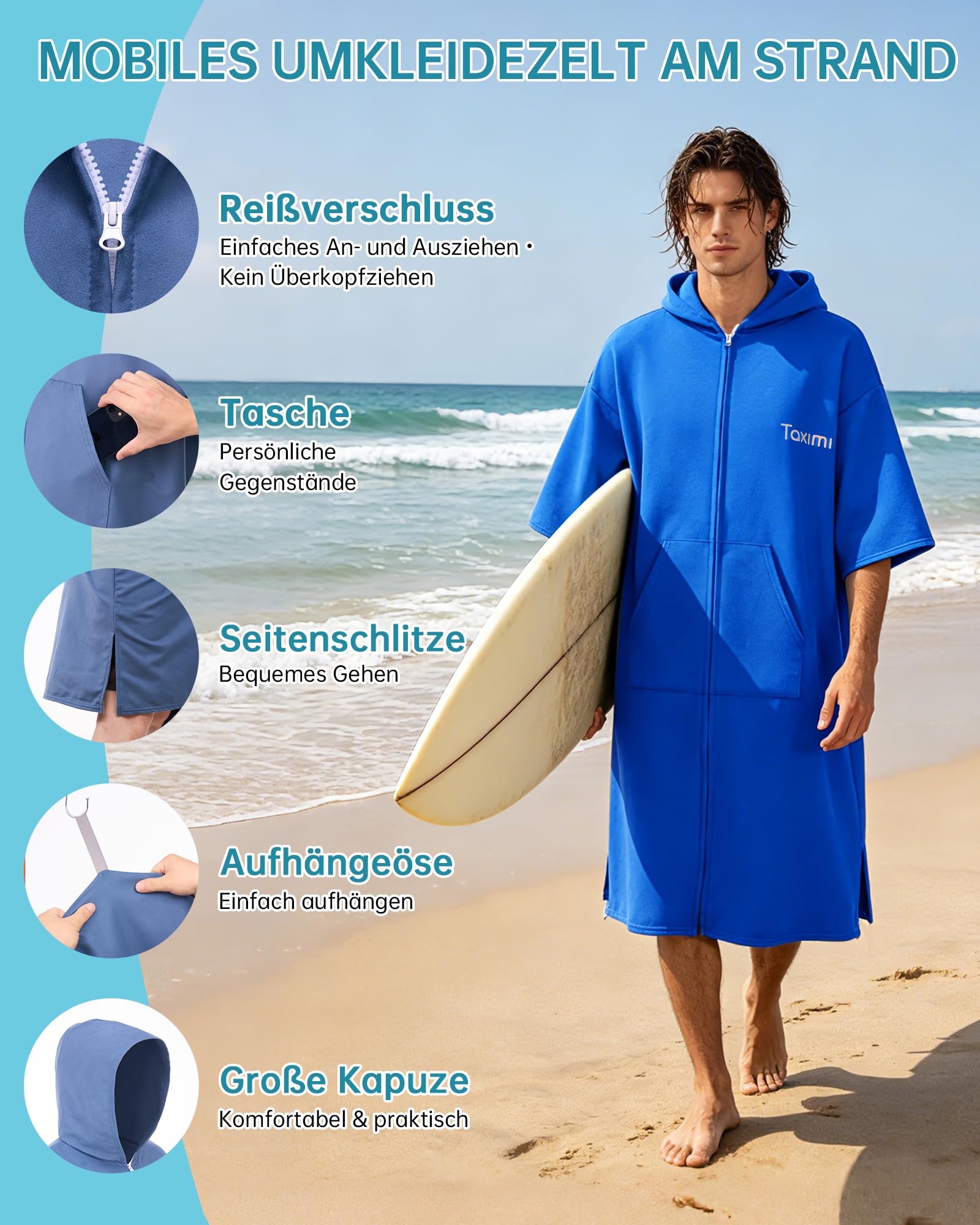 Taximi Badeponcho Damen und Herren, Mikrofaser Bademantel mit Reißverschluss, Schnelltrocknend & Leicht, Umziehponcho für Strand, Schwimmbad & Wassersport (Königsblau)