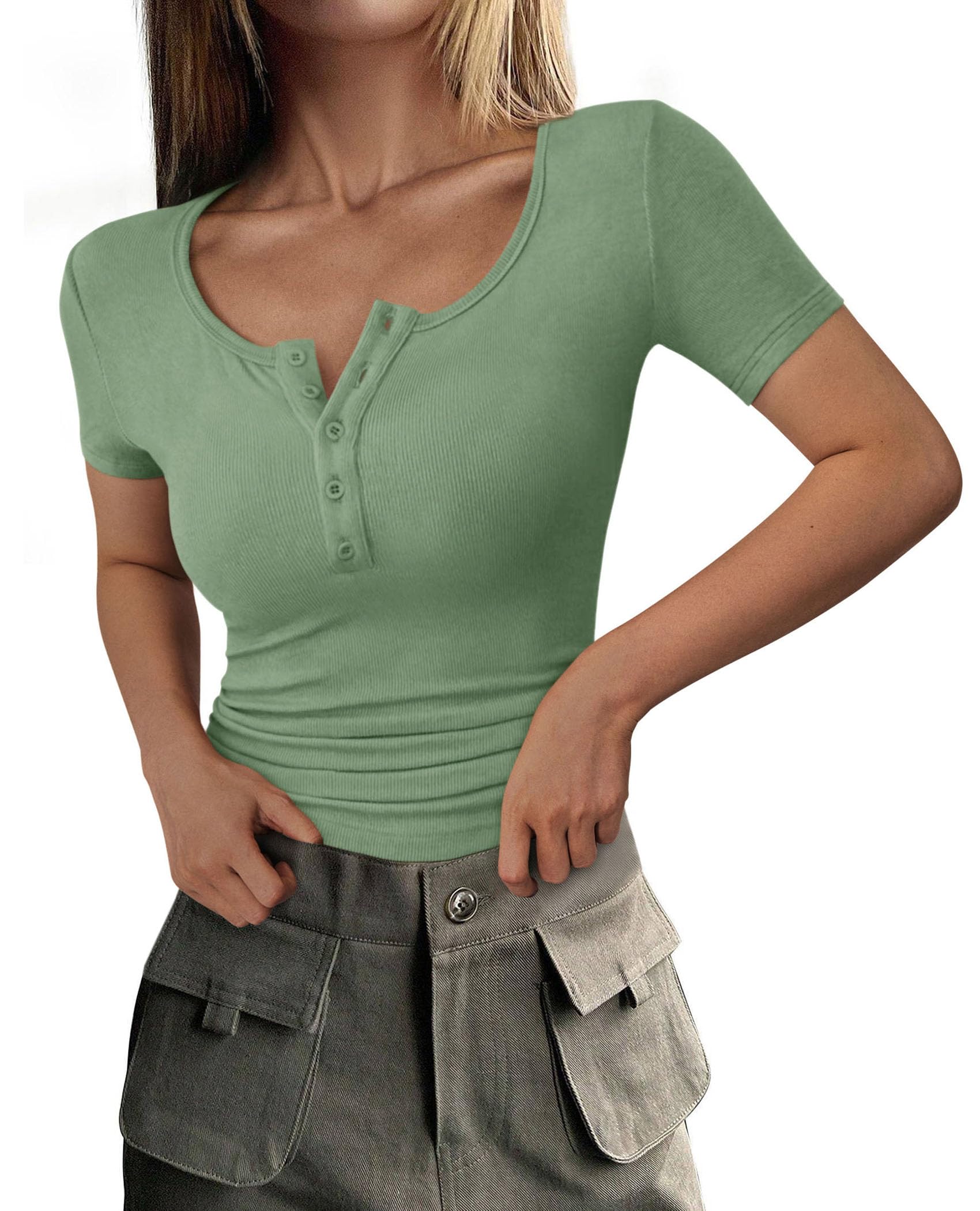 PRETTYGARDEN Women's 2025 Spring Summer Short Sleeve Tops Ribbed Henley Button Slim Fit Basic Casual T Shirts Blouse Clothing