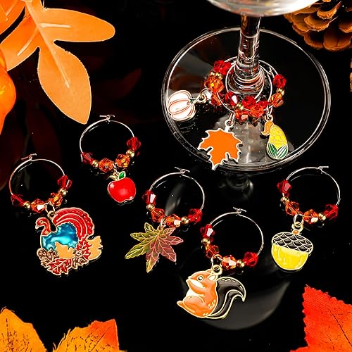 Miniatura 7 de Sasylvia 8 piezas de dijes de copa de vino de Acción de Gracias, marcadores de vidrio de otoño, adornos de vino de cosecha, Metal, proceso de caída