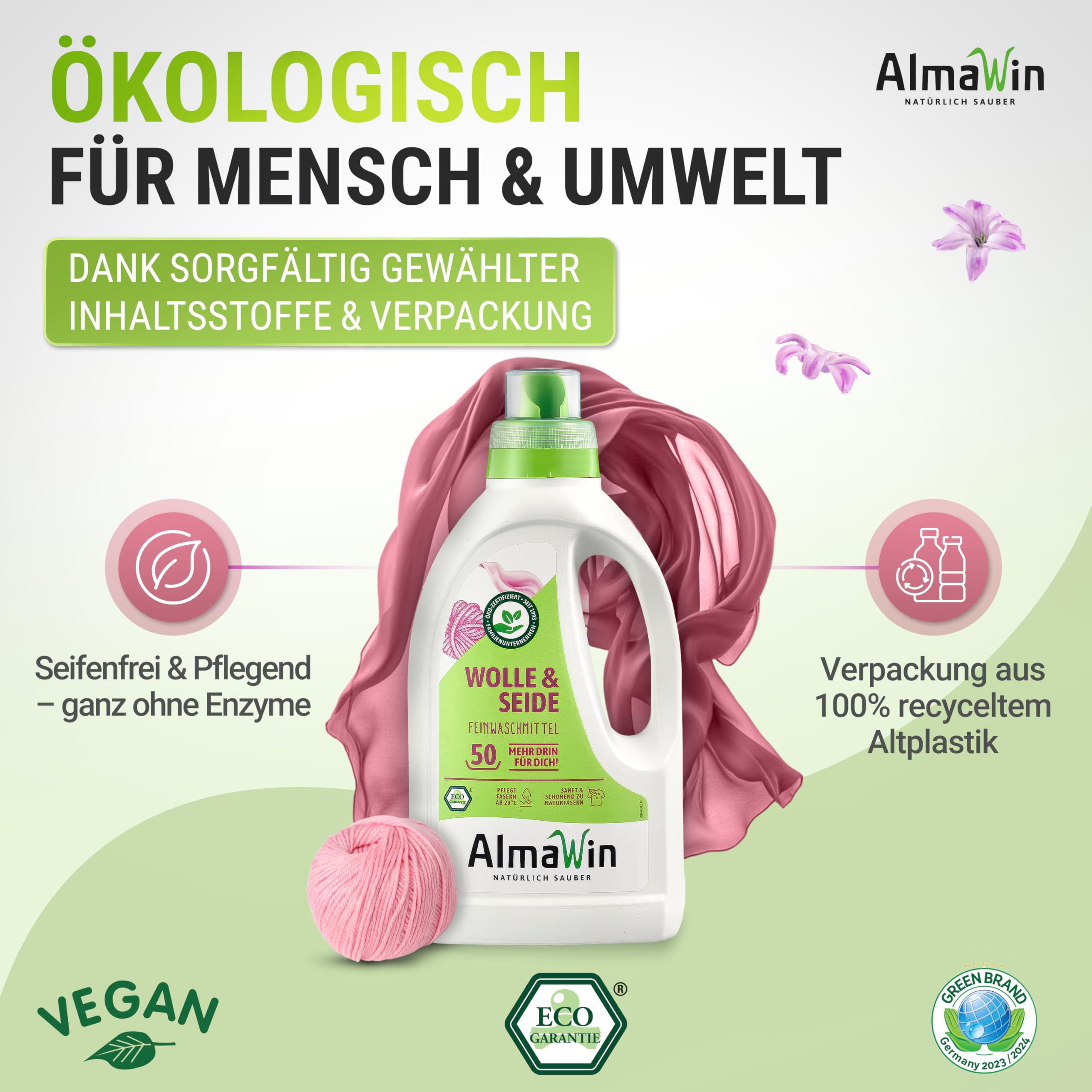 AlmaWin® Waschmittel Wolle & Seide [6x 750ml - 300 Ladungen] mit Lavendel-Duft für schonende Reinigung von Naturfasern - Seide- & Wollwaschmittel anwendbar von 20-40°C - Bio Feinwaschmittel flüssig