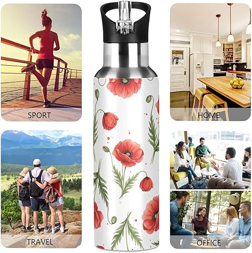 Miniatura 5 de Botella de agua de acero inoxidable aislada con pajilla, flores de amapola roja, hojas verdes, botella de agua deportiva sin BPA con popote a prueba