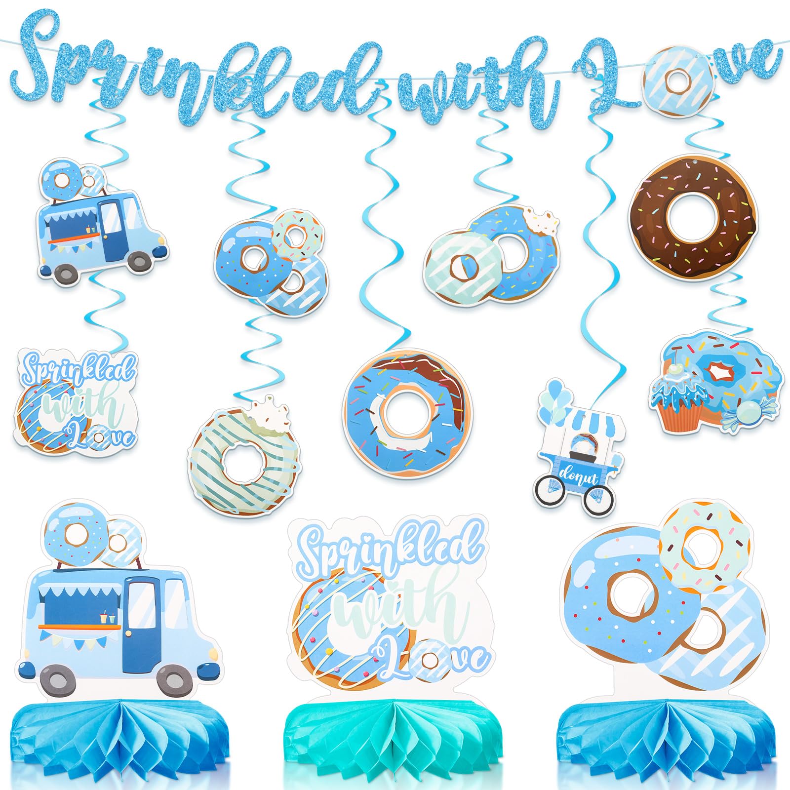 22 Pcs Baby Boy Sprinkle Decorations Blue Donut Baby Shower Decorations 1 PC Sprinkled Banner 18 Pcs Donut Hanging Swirls 3 Pcs Honeycomb Centerpiece for Birthday Party Supplies