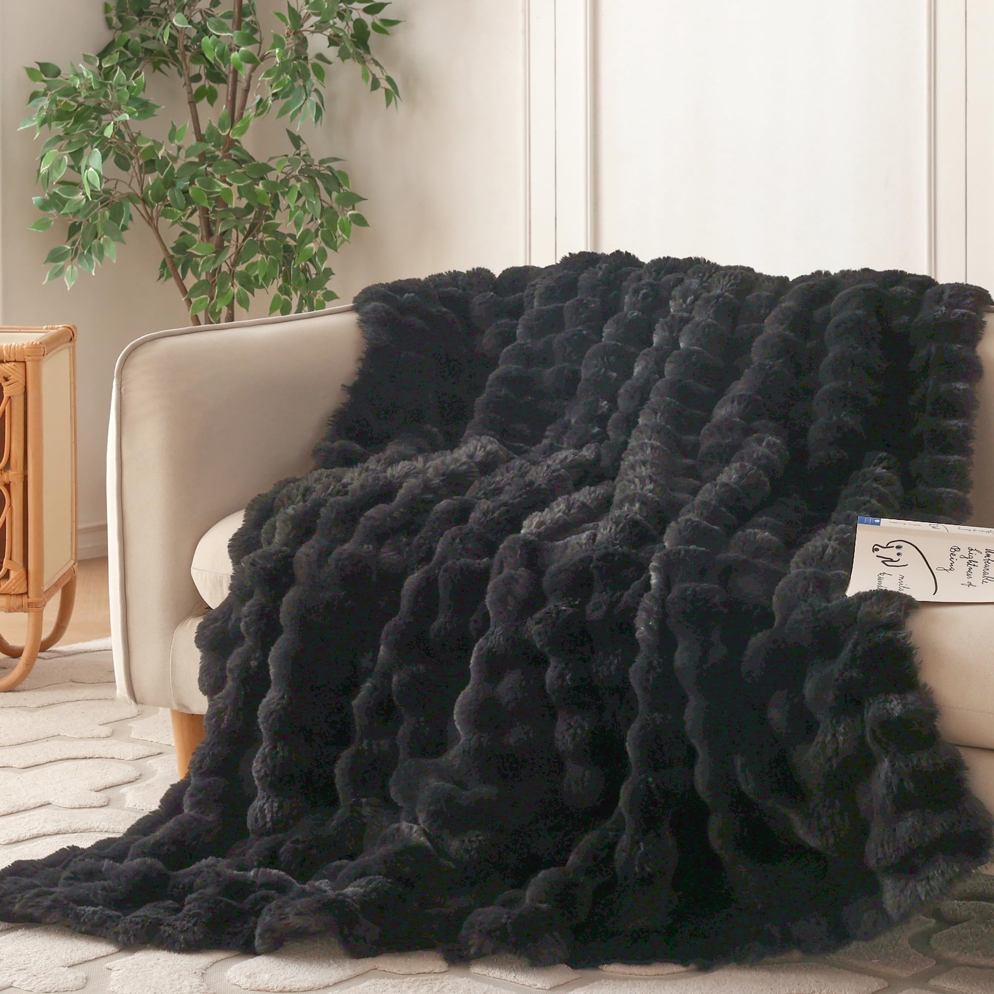 COOVA Faux Fur Throw Blanket for Couch, Cozy Soft and Fuzzy Plush Rabbit Fur Bubble Blanket for Sofa Bedroom Living Room, 50x60 Inches Black