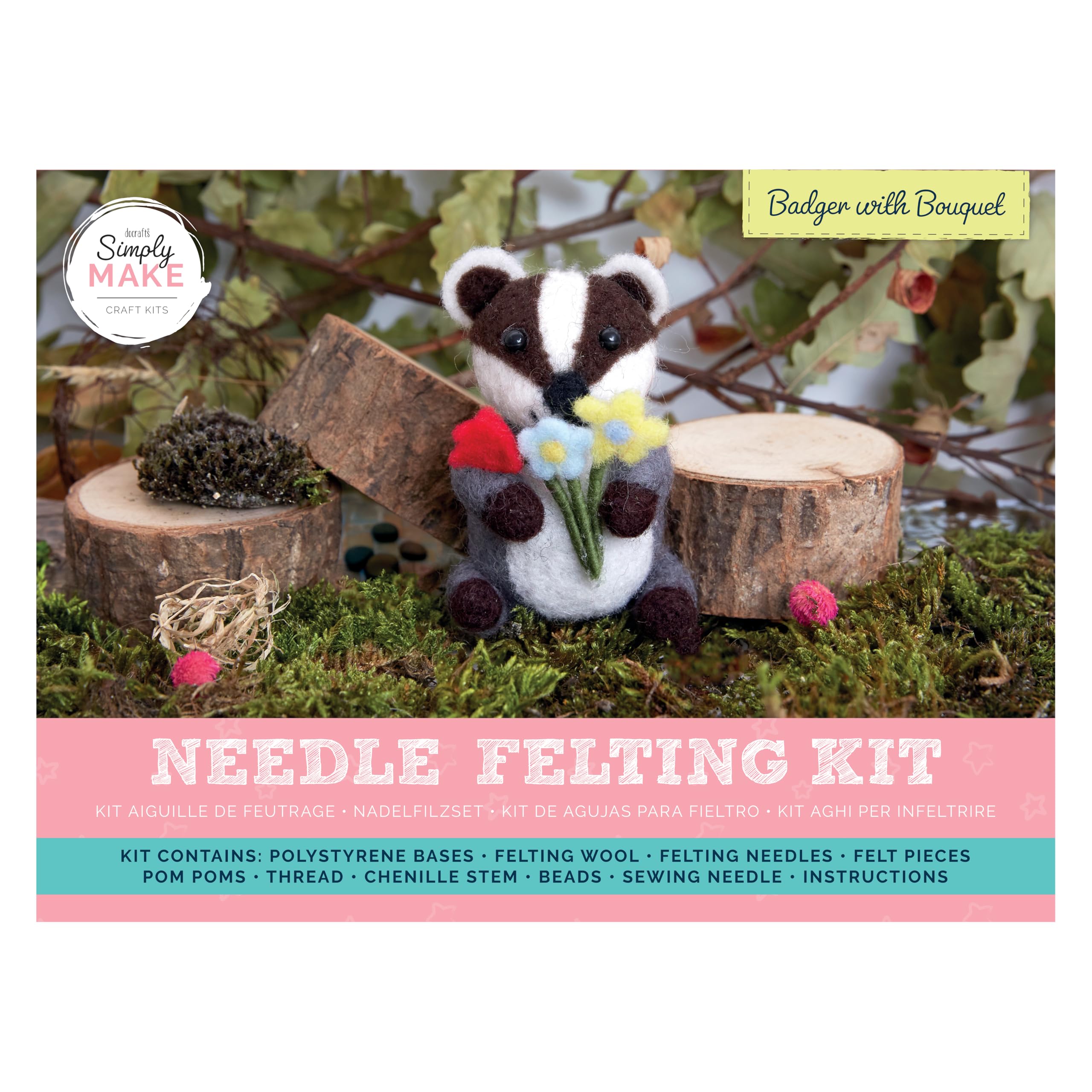 Simply Make Needle Felting Kit, Badger with Bouquet, Needle Felting Kit with Felting Needles and Felting Wool, Ideal Needle Felting Kits for Beginners, Fun DIY Craft Kit