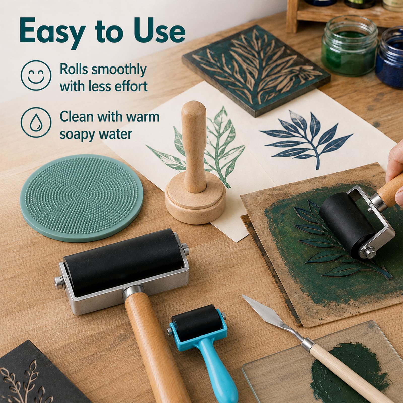 Set di 3 rulli Brayer in gomma morbida per la stampa con 2 raschietti, 3 misure di rullo di inchiostro per stampa a blocchi, piastra di plastica e rullo a funghi per stampaggio Linocut Gel Plate