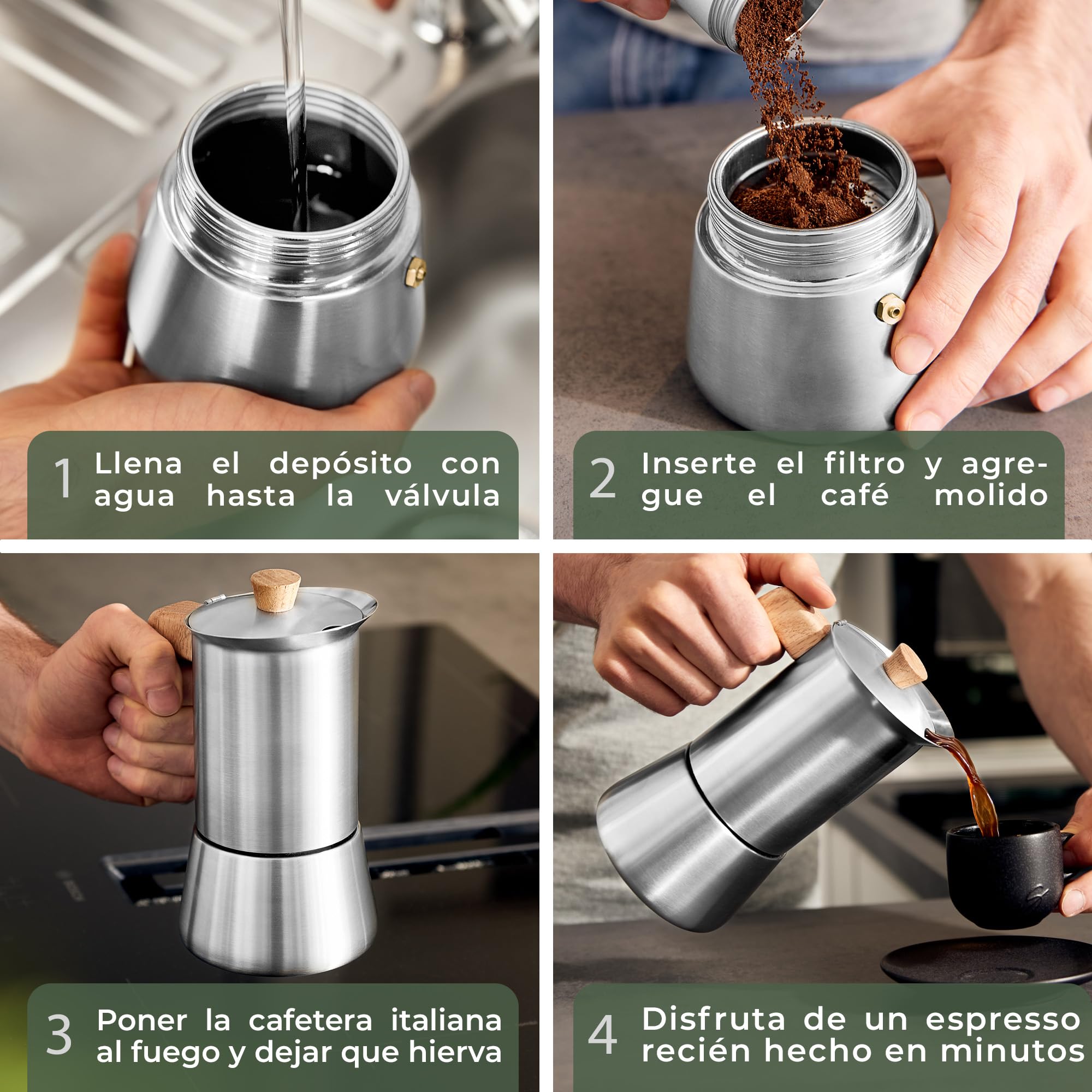 WALDWERK Cafetera italiana induccion (300 ml) – Cafetera italiana acero inoxidable todo tipo de cocinas – Cafetera induccion con mango de auténtica madera de roble