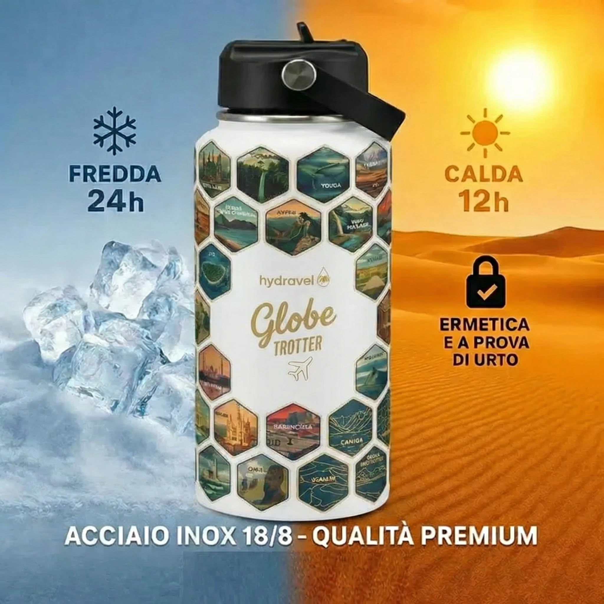 Borraccia Termica GLOBE TROTTER con 50 Adesivi dei Posti più BELLI del Mondo - Ottima Idea Regalo per Viaggiatori - 1 LT, Acciaio Inox, bevande Calde per 12h/Fredde 24h (Bianco) - 4