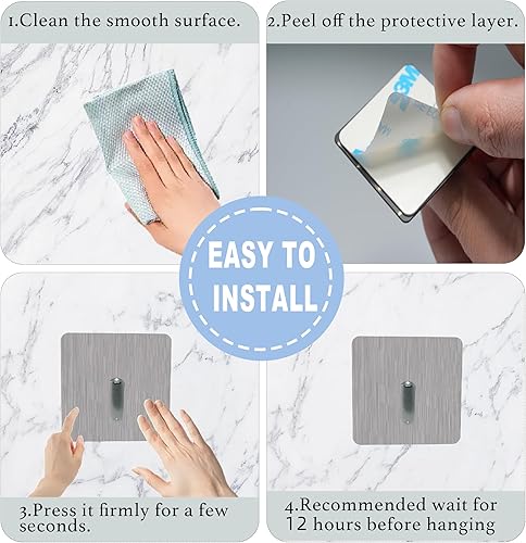 Miniatura 8 de Paquete de 4 ganchos adhesivos, ganchos de metal plateado pegajosos de acero inoxidable, sin daños, sin perforaciones, gancho de pared para puerta,