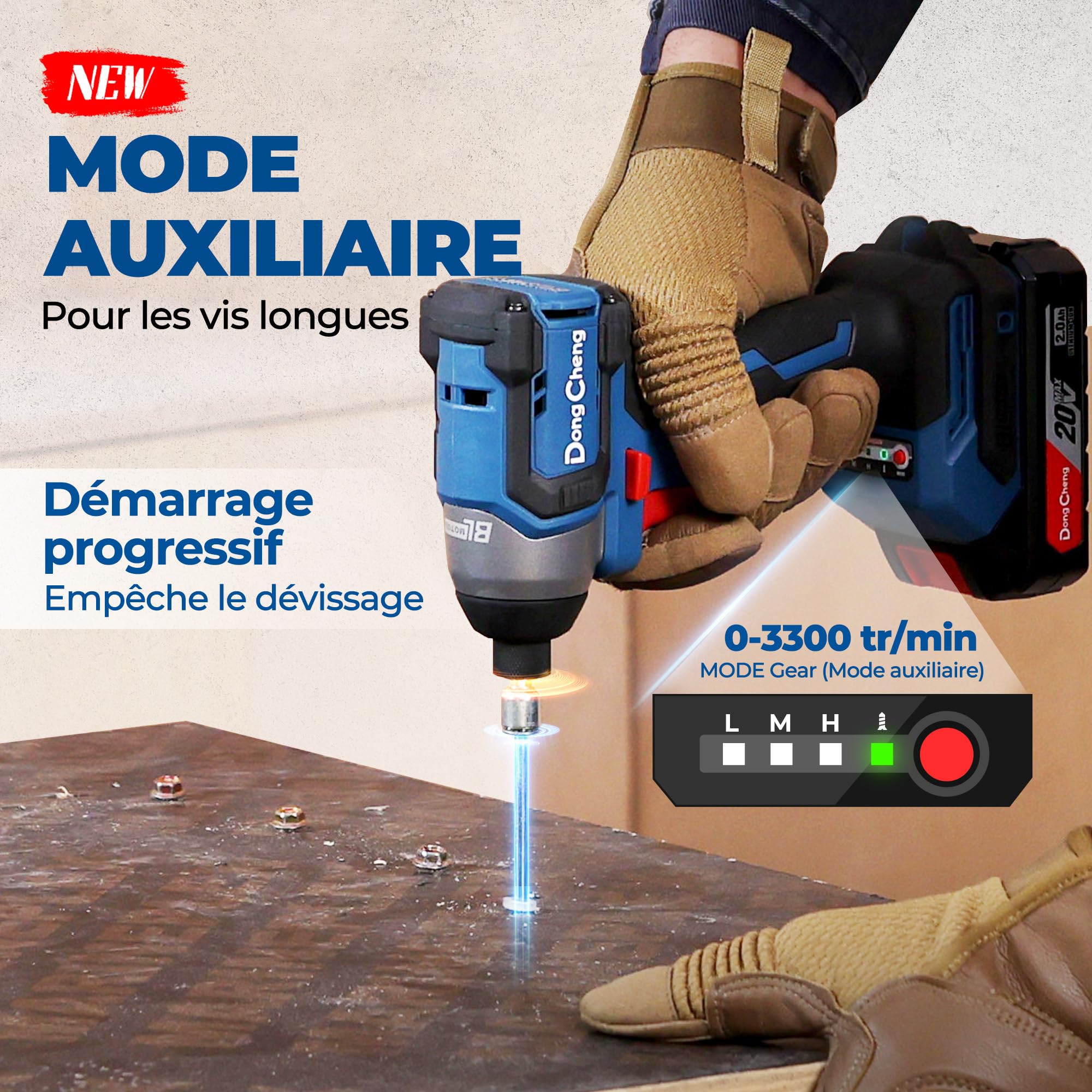 Dong Cheng Visseuse à Chocs sans Fil Brushless 20V, 165Nm, Démarrage Progressif & Mode Autoforeur, 3 Vitesses, 2x 2.0 Ah Batterie + Chargeur, LED, Set d'Embouts + Douilles, pour Bois, Métal, Bricolage
