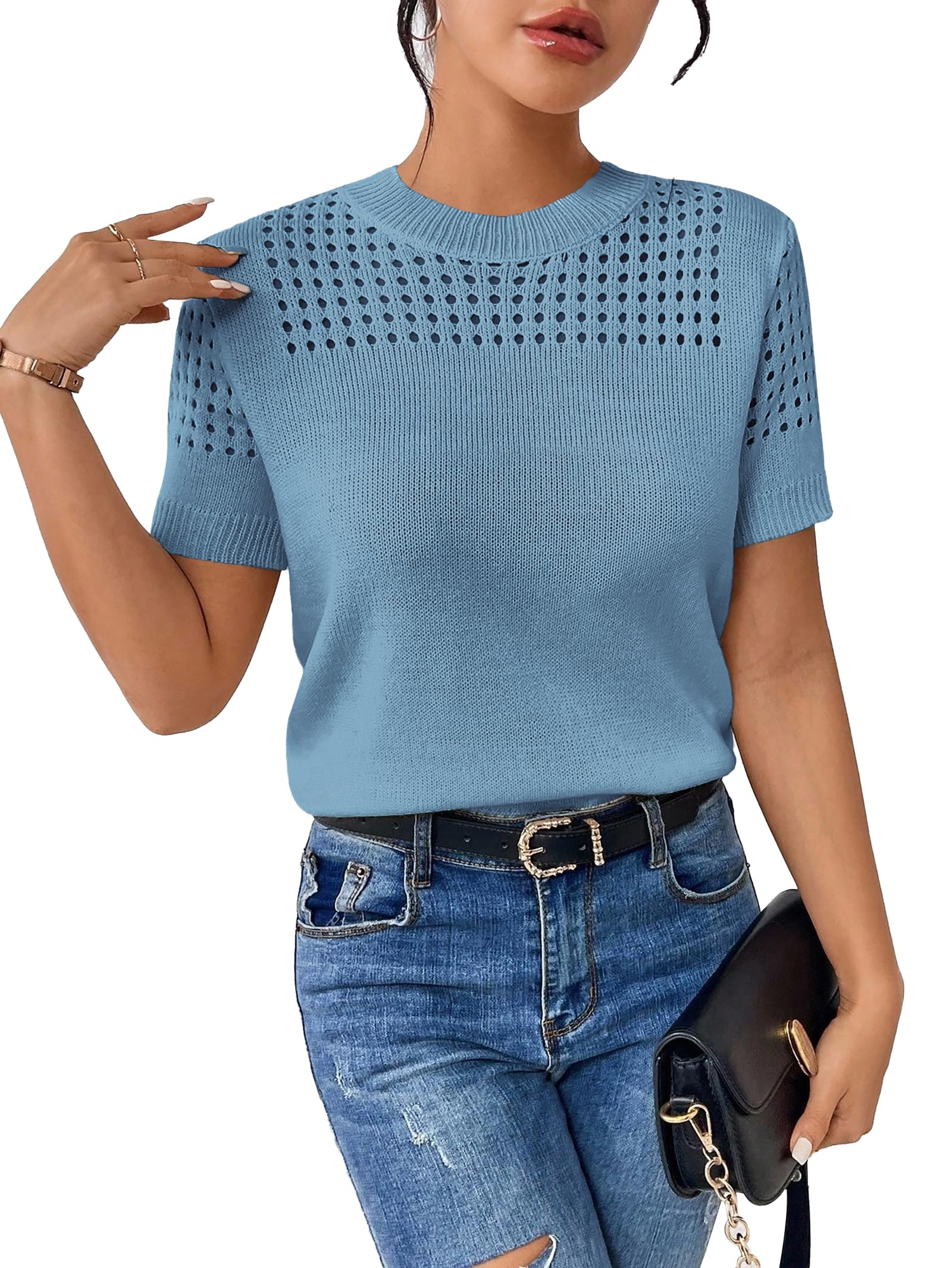 Short Sleeve Sweaters for Women 2026 Casual Crewneck Summer Shirts Lightweight Hollow Out Knit Sweater Tops