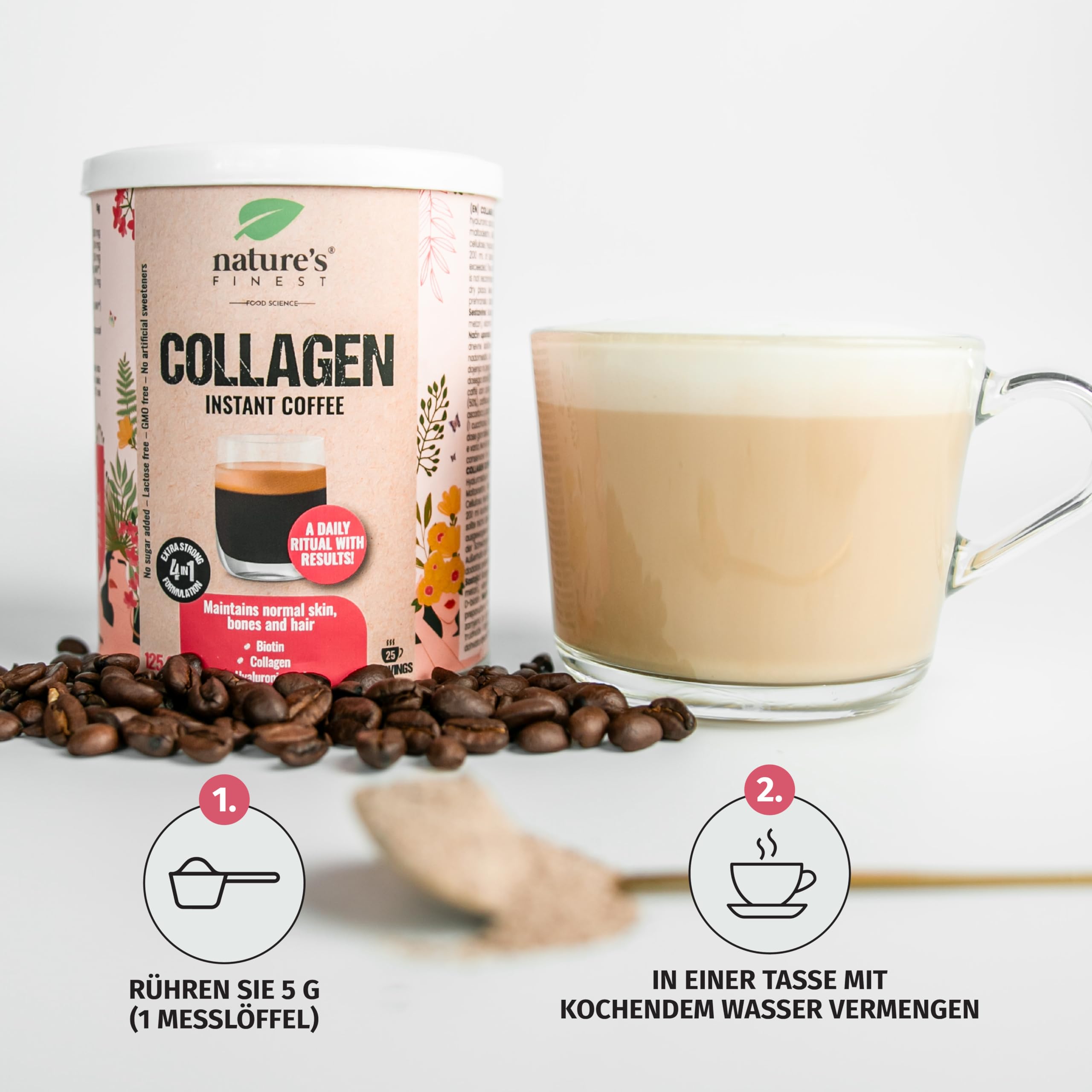 Nature's Finest Collagen Coffee, Instant-Kaffee 375 g (3er Pack) | Instant-Kaffee mit 50 % Kollagenpulver, Hyaluronsäure, MSM, Biotin & Vitamin C - Beauty-Kaffee zum Anrühren