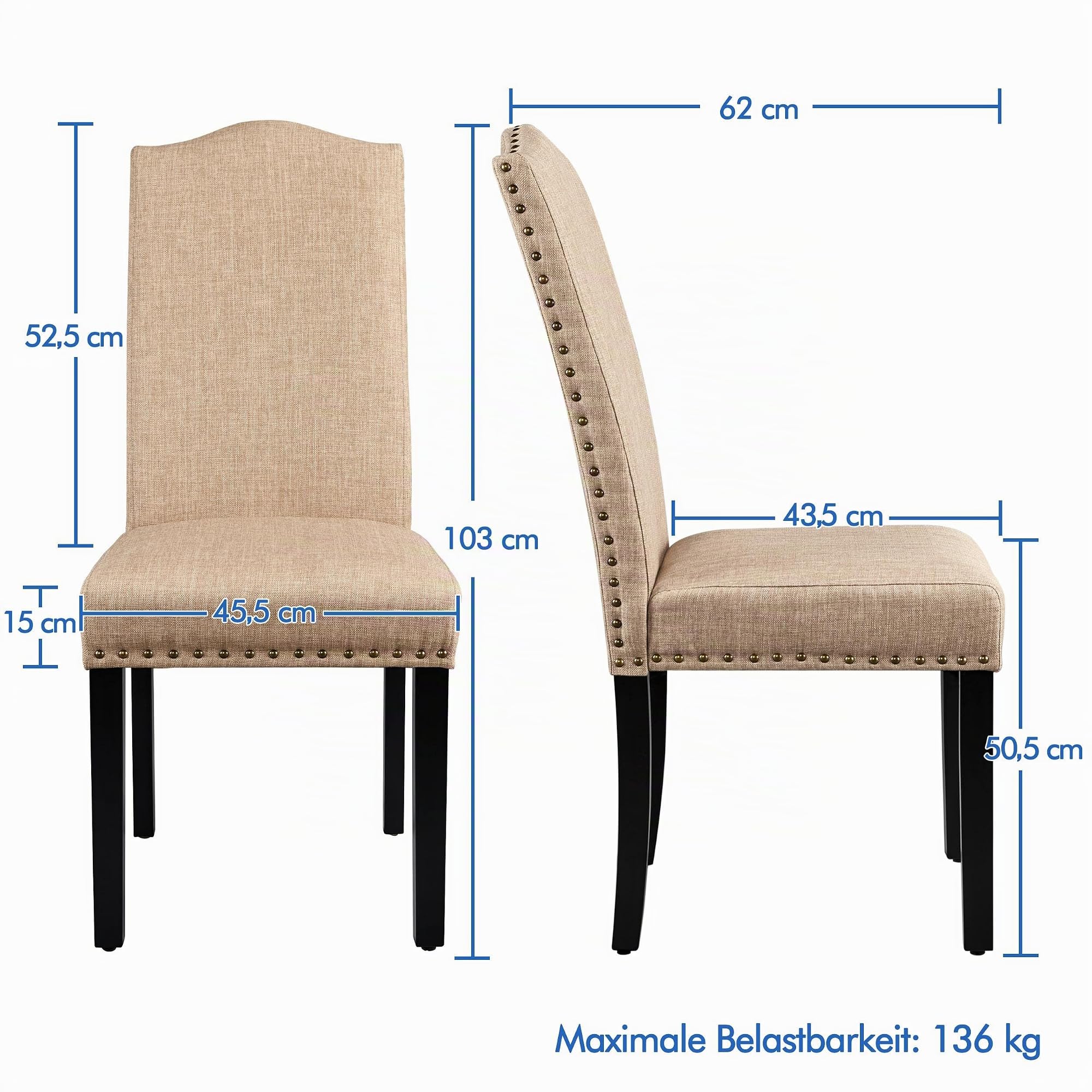 Yaheetech Esszimmerstühle 6er Set Küchenstuhl mit Hoher Rückenlehne, Khaki | Polsterstuhl bis 136 kg Belastbar, gepolsterte Sitzfläche aus Leinen, Beine aus Massivholz, für Küche und Esszimmer