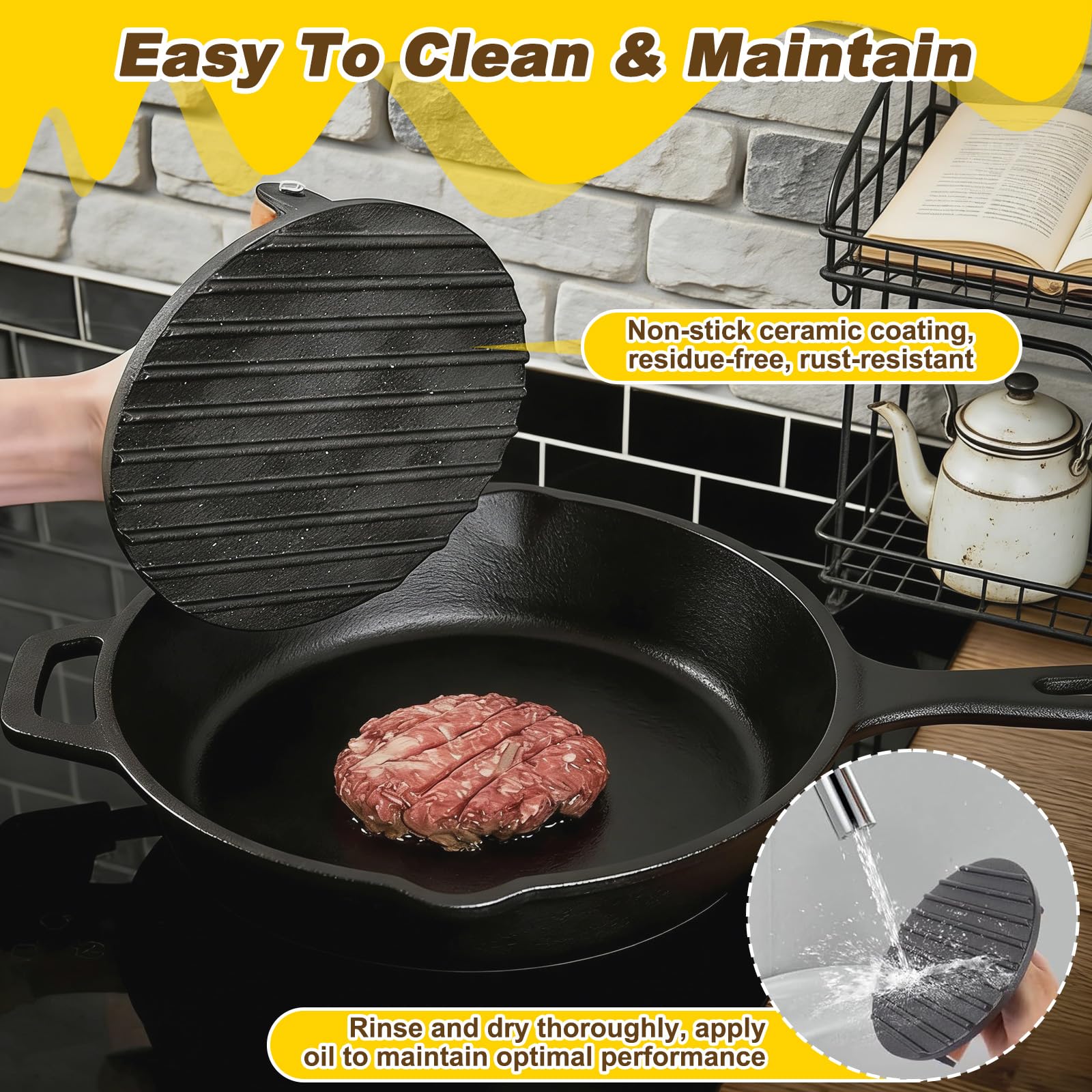 Presse Burger en Fonte, Smash Burger, Presse à Hamburger Ronde en Fonte Robuste de 6,89 Pouces avec poignée en Bois, Presse à galettes pour Barbecue Bacon Steak Grill ou Plaque chauffante