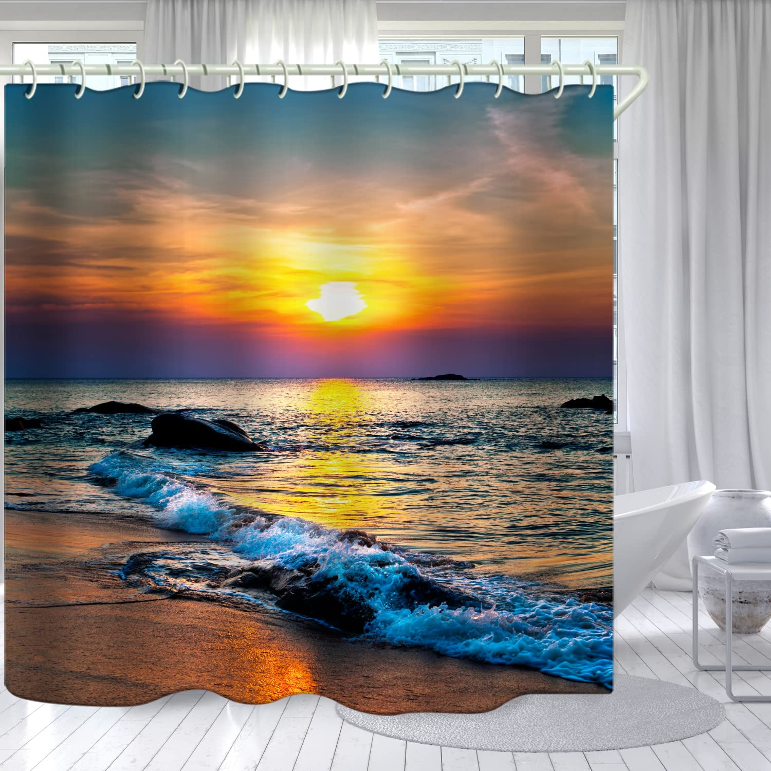 Bathroom Uses a Sunny Sea Surface 3D Shower Curtain, The Tub Uses a Luxury Standard Shower Curtain, and The Waterproof Washable Fabric Shower Curtain Comes with 12 White Hooks, 72x72 Inches.