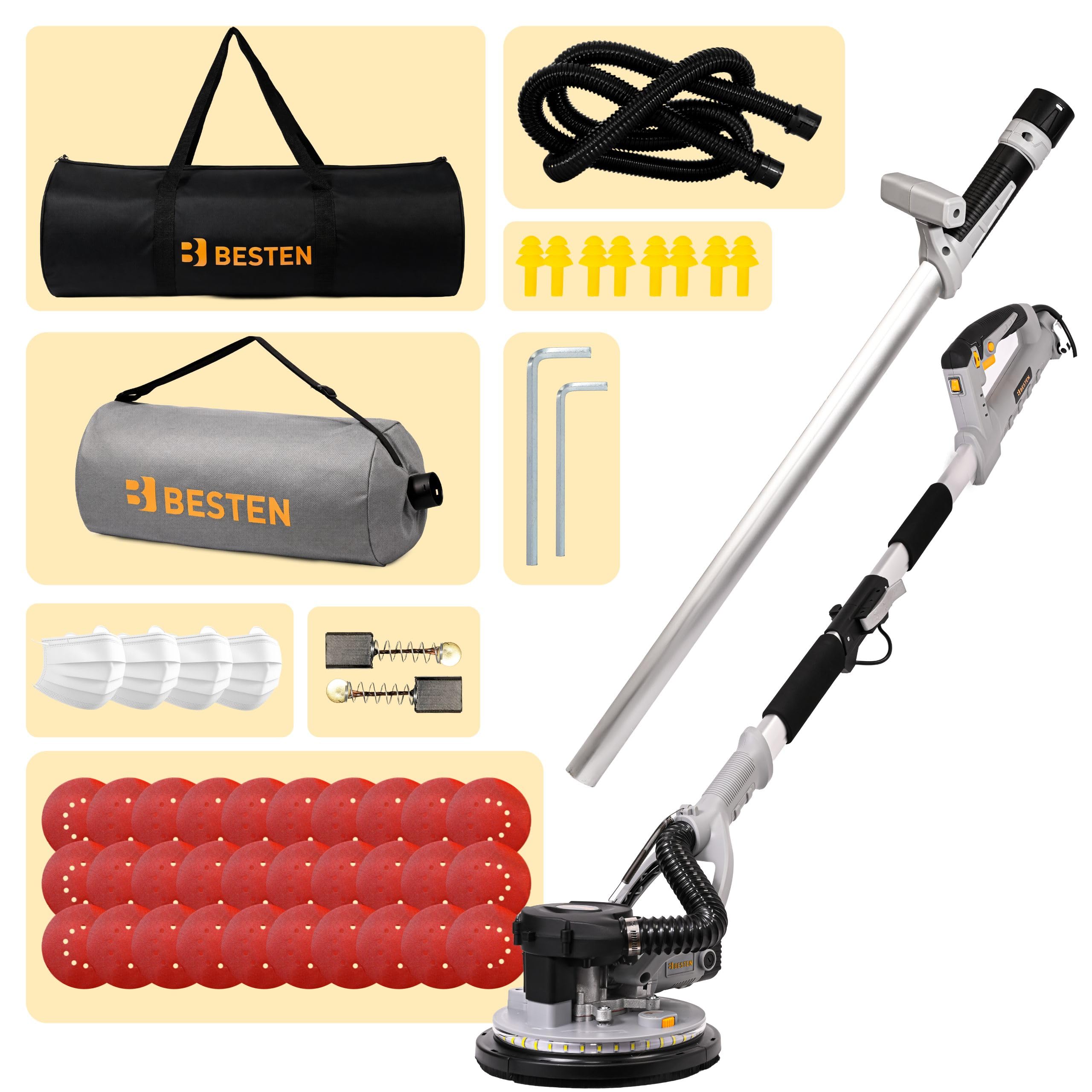 Szlifierka żyrafa do gipsu i gładzi 225 mm, 900 W, LED 360°, teleskop 150–220 cm, odsysanie pyłu z regulacją ssania, 30 papierów, torba BESTEN