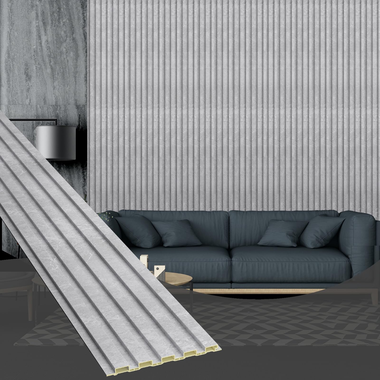 ouzugie wpc acoustic slat wall paneling, 8-pack 114 x 6 inches 3d wall panels for interior wall decor,living room,tv background,study room,office spaces,bedroom,low grille (gray marble)