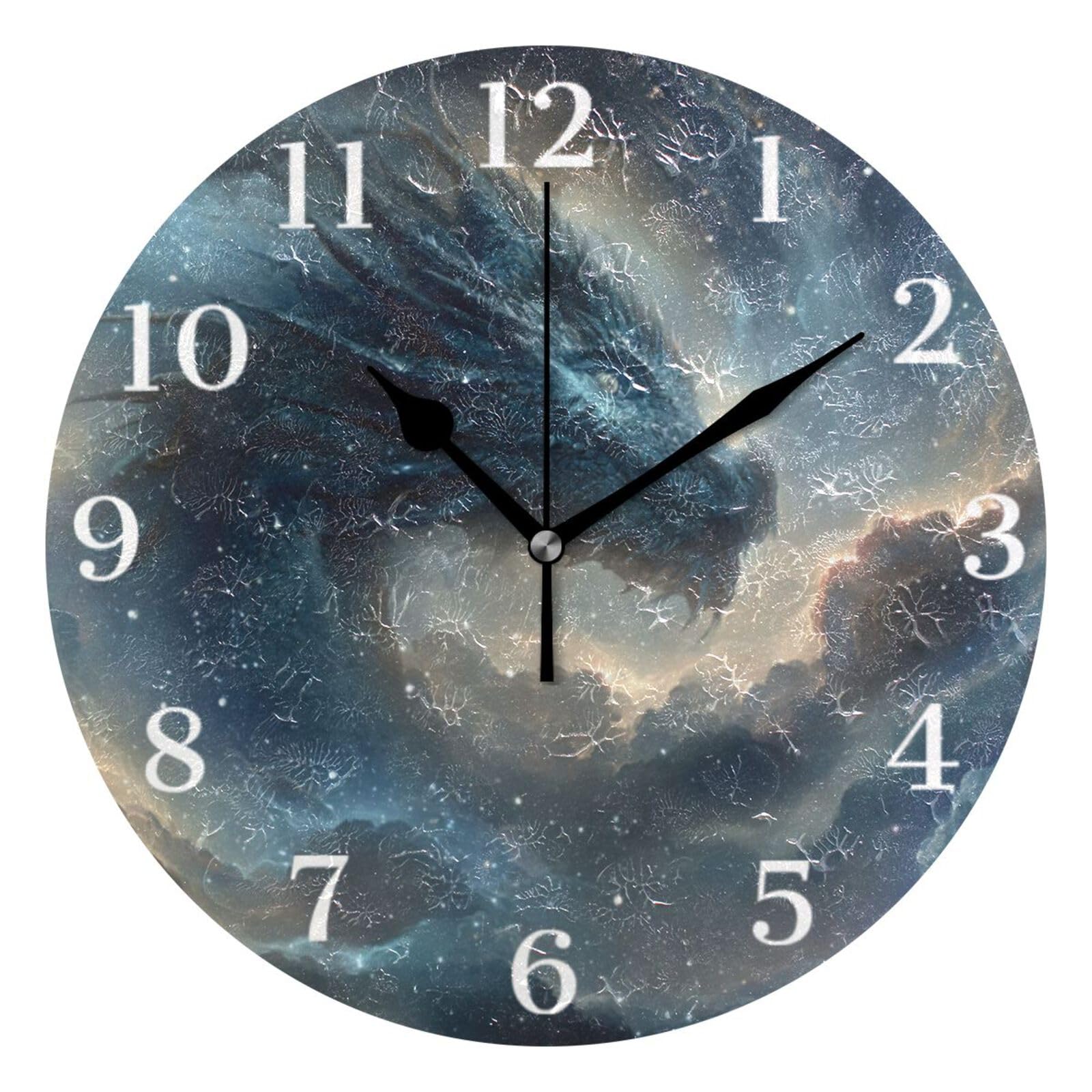 Ensound Majestic Blue Dragon Wall Clock Silent Non-Ticking Battery Operated Clocks 12 Inch for Kitchen Home Living Room