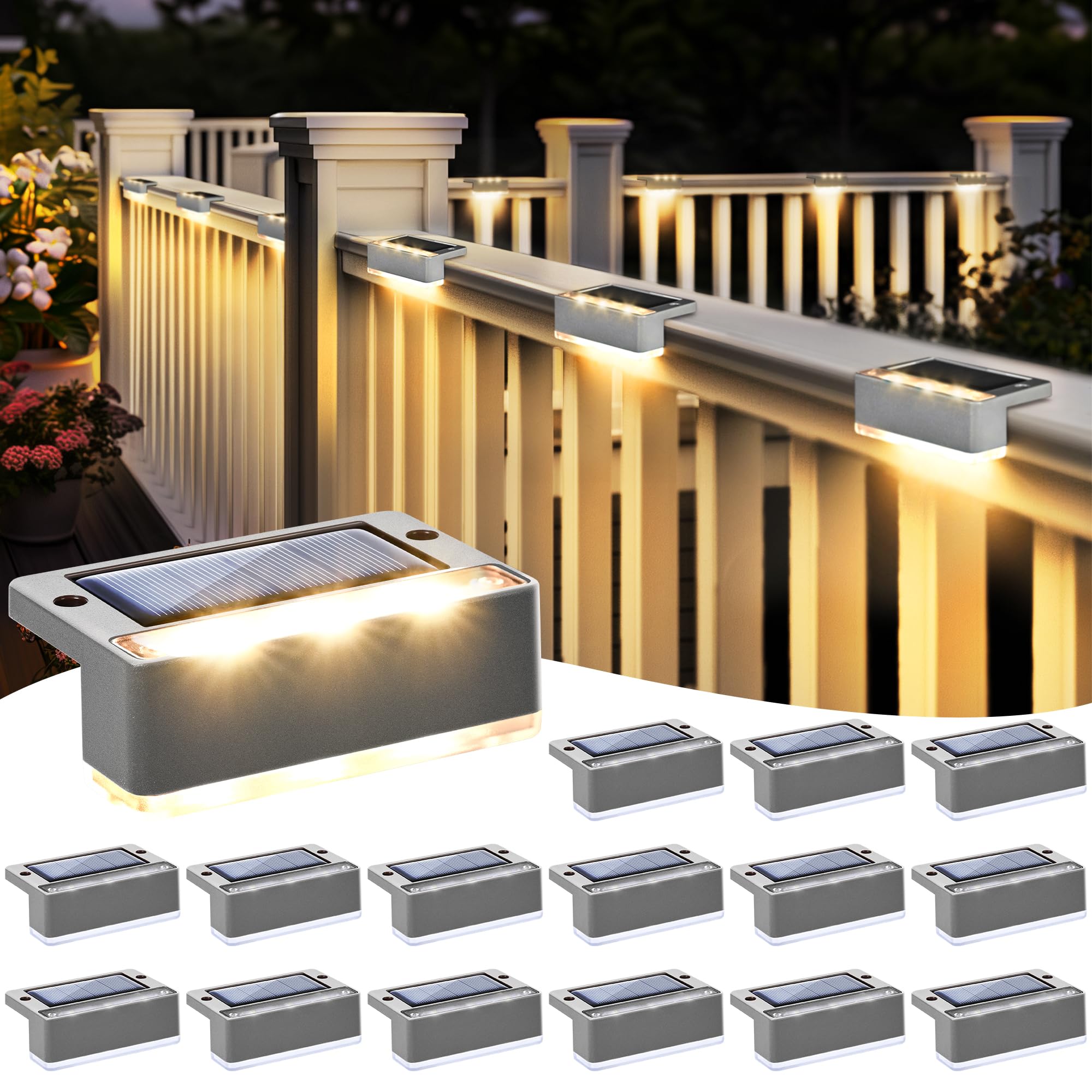 Solpex Solarlampen für außen, 16 Stück, Warmweiß Treppenlicht, wasserdicht Solarleuchten, LED-Beleuchtung für Außentreppe, Stufen, Zaun, Garten, Hof, Terrasse, Dachrinne Dekoration (Grau)