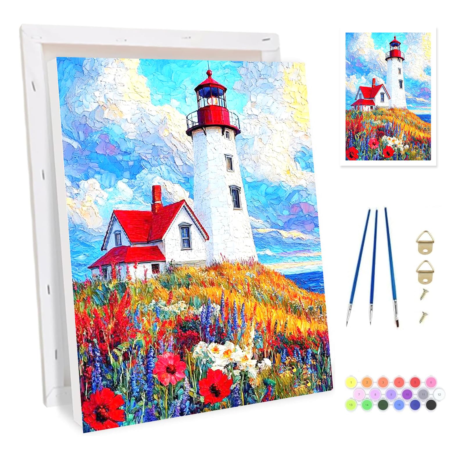 Bowetile Framed Lighthouse Paint by Numbers for Adults, Flower Painting by Numbers Kit for Adults Beginners Canvas Kit, DIY Color Oil Painting Acrylic Paints for Home Wall Decor 20x30cm