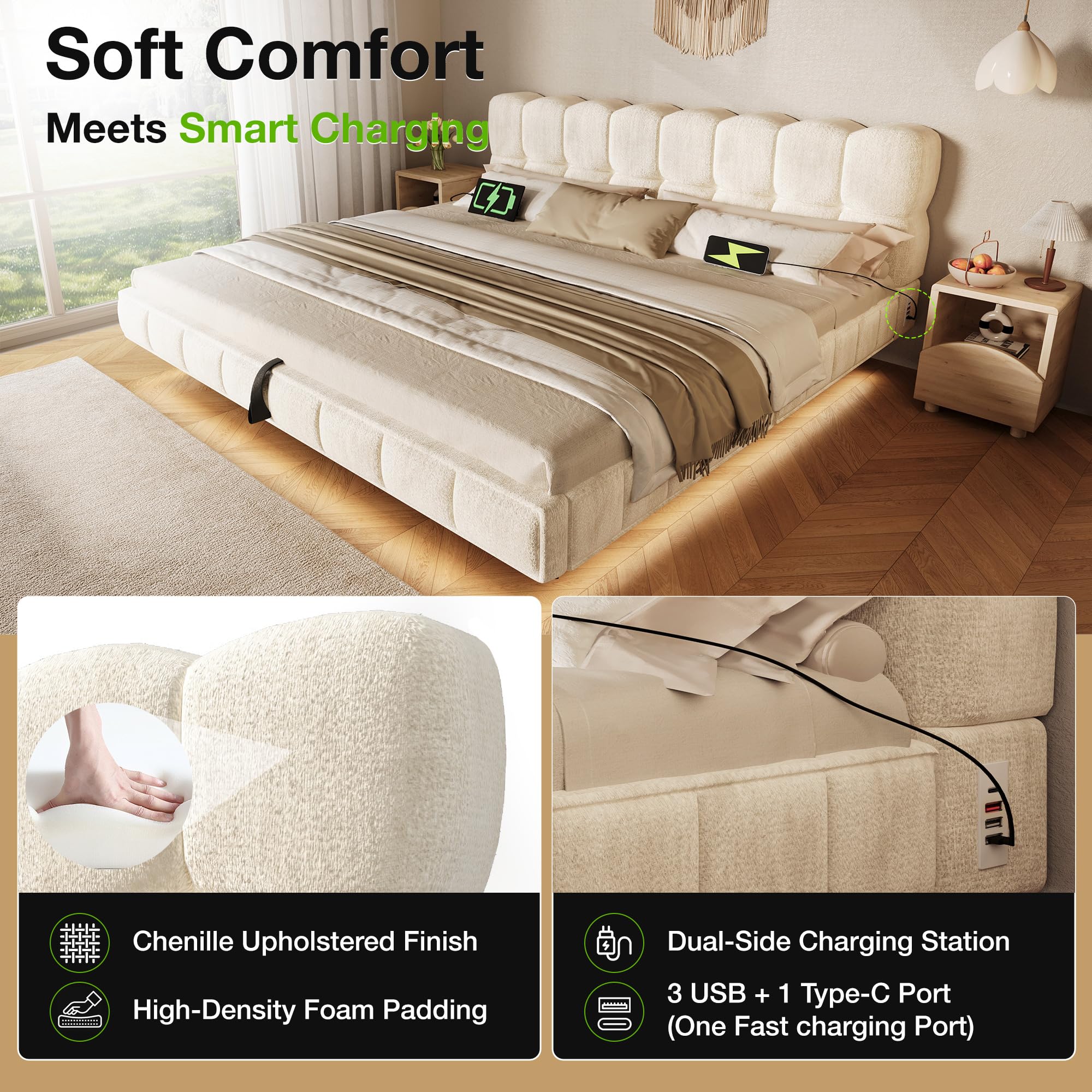 Cama flotante acolchada de matrimonio 140 x 200 cm con somier de láminas, cama colgante con contenedor hidráulico y LED y USB/TypeC, cama con diseño de nube, chenilla, beige, colchón no