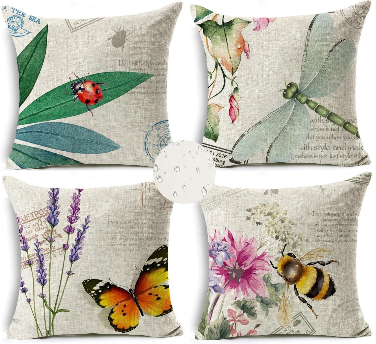 KEIROUTK Outdoor Kissen Dekorative Wasserfest 4 er Kissenbezug 40 x 40 cm Gartenkissen Wetterfest Blumen und Schmetterlinge Kissenbezug Werden für Heim Sofak Garten Outdoor