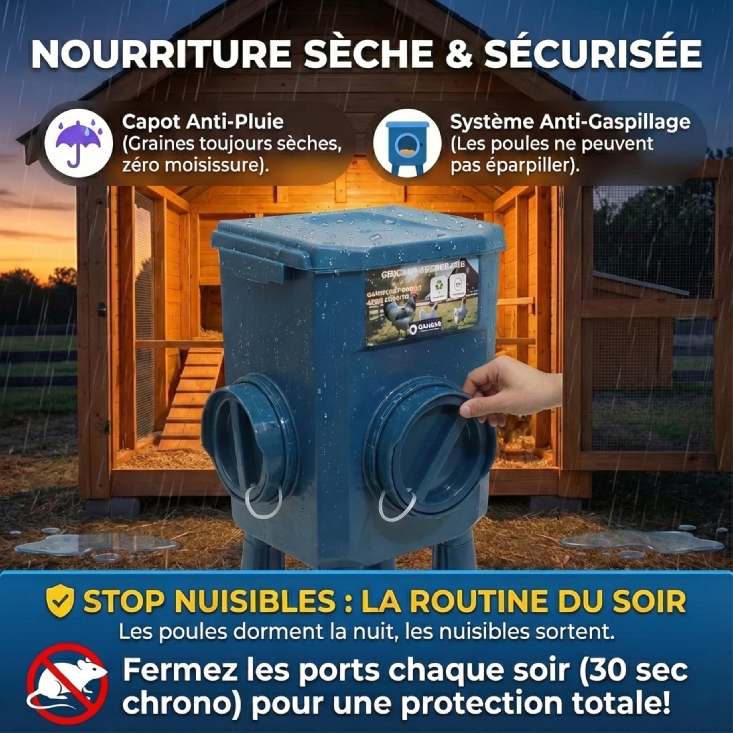 Kit Mangeoire et Abreuvoir Poules 12KG/11L Anti-Nuisibles Valve Automatique Anti-Cyanobactéries, Ideal Microfermes et Élevages Amateurs, Autonomie Longue Durée, Réduit Rechargement, Matériaux Durables
