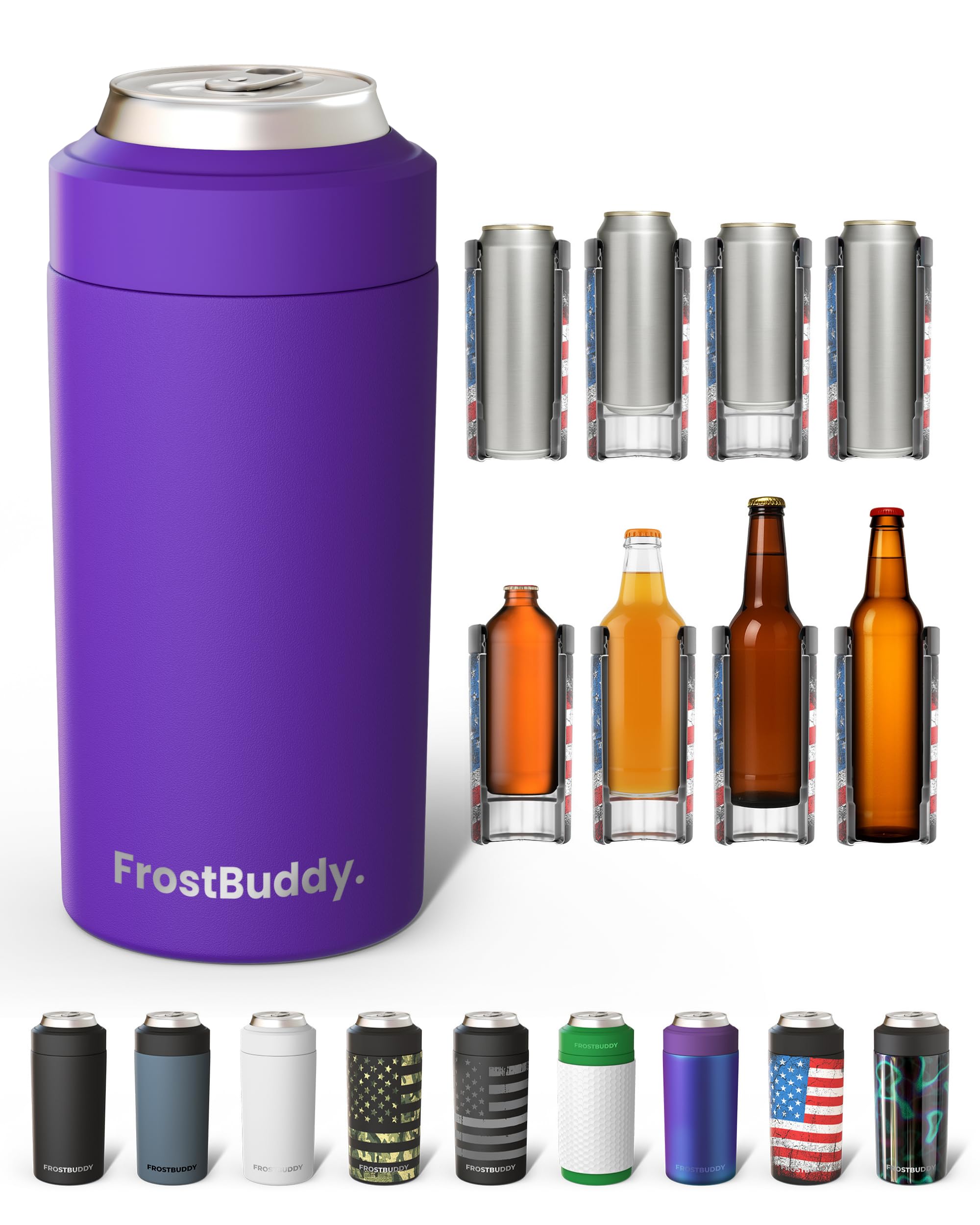 Frost Buddy Uniwersalna chłodziarka do puszek Buddy - pasuje do wszystkich - do zwykłych butelek o pojemności 12 i 473 g lub wąskich - izolowana podwójna ścianka ze stali nierdzewnej Koozie (fioletowy