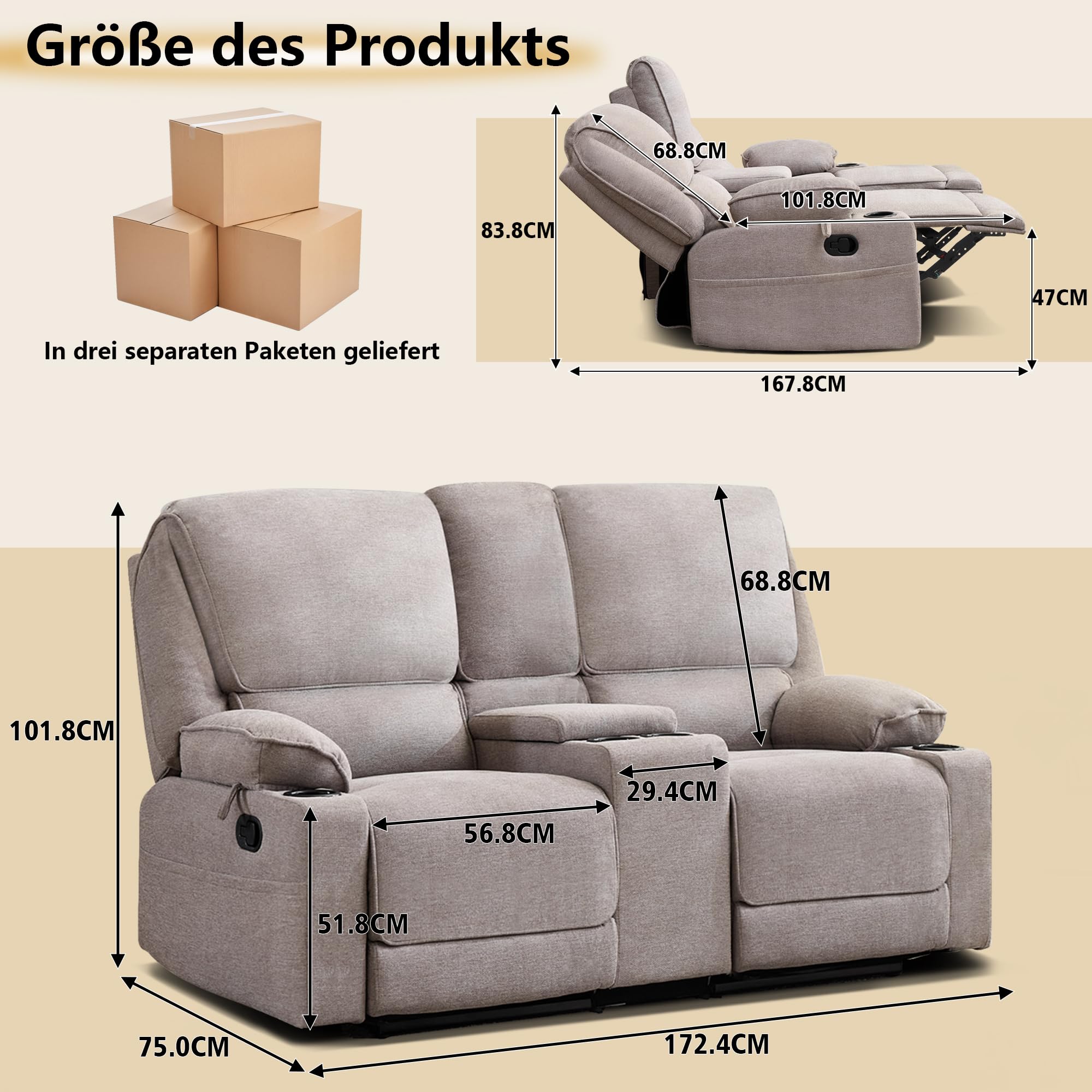2er Kinosessel Relaxsessel mit Liegefunktion, 2 Sitzer Fernsehsessel TV Sessel mit Konsole, 4 Getränkehalter Cupholder, zweisitzer Sofa für Wohnzimmer (Hellgrau)