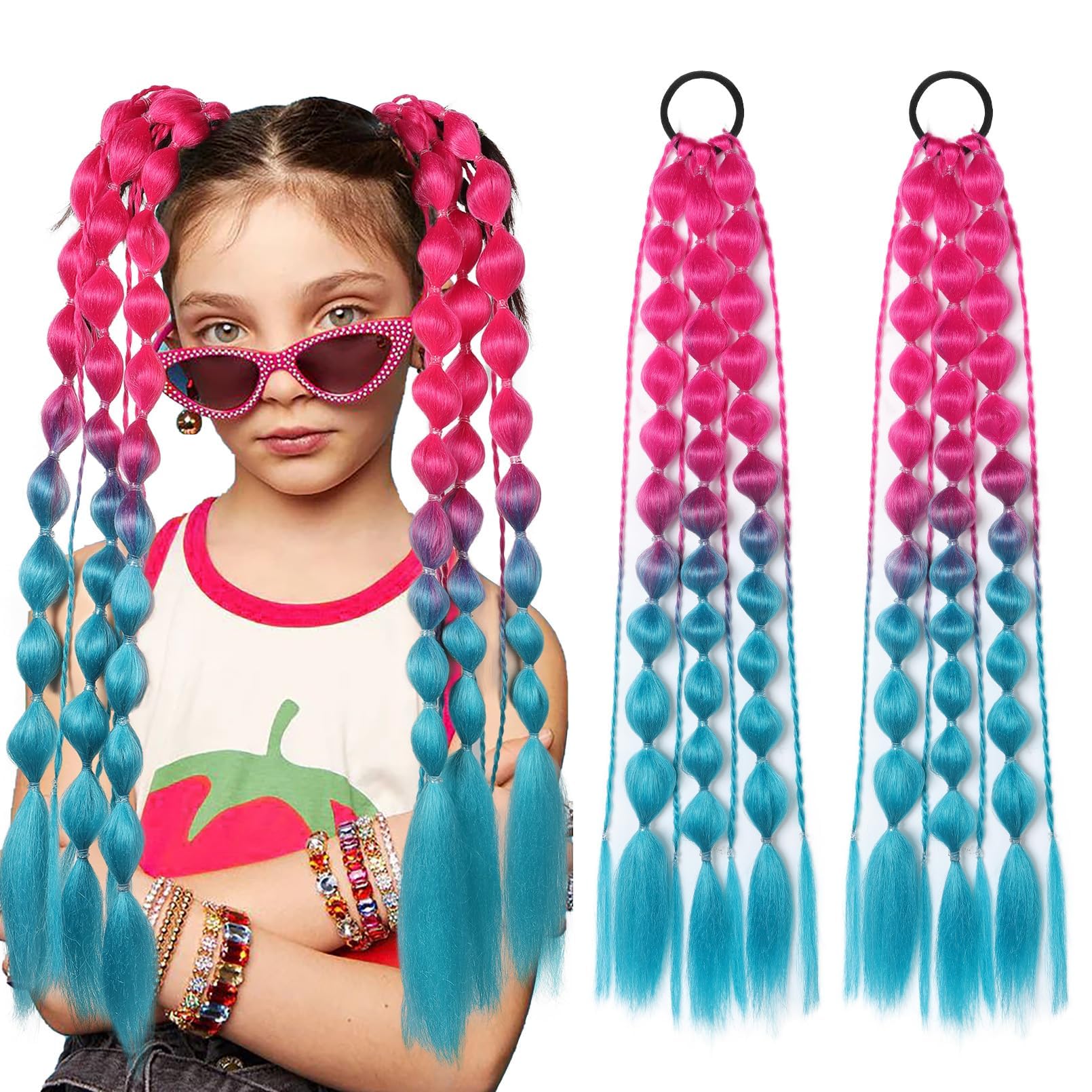 NALACAL 2Pcs Colored Hair Extensions, 20" Lightweight Bubble Ponytail with Hair Tie, Ombre Festival Accessories for Kids Girls Women - Perfect for Crazy Hair Day Rave, and Party