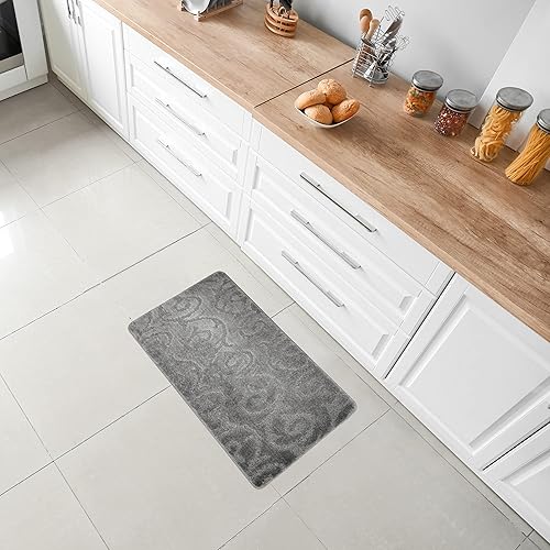 Alfombra lavable a máquina para cocina y baño, diseño de voluta, color gris, tamaño pequeño, parte trasera antideslizante