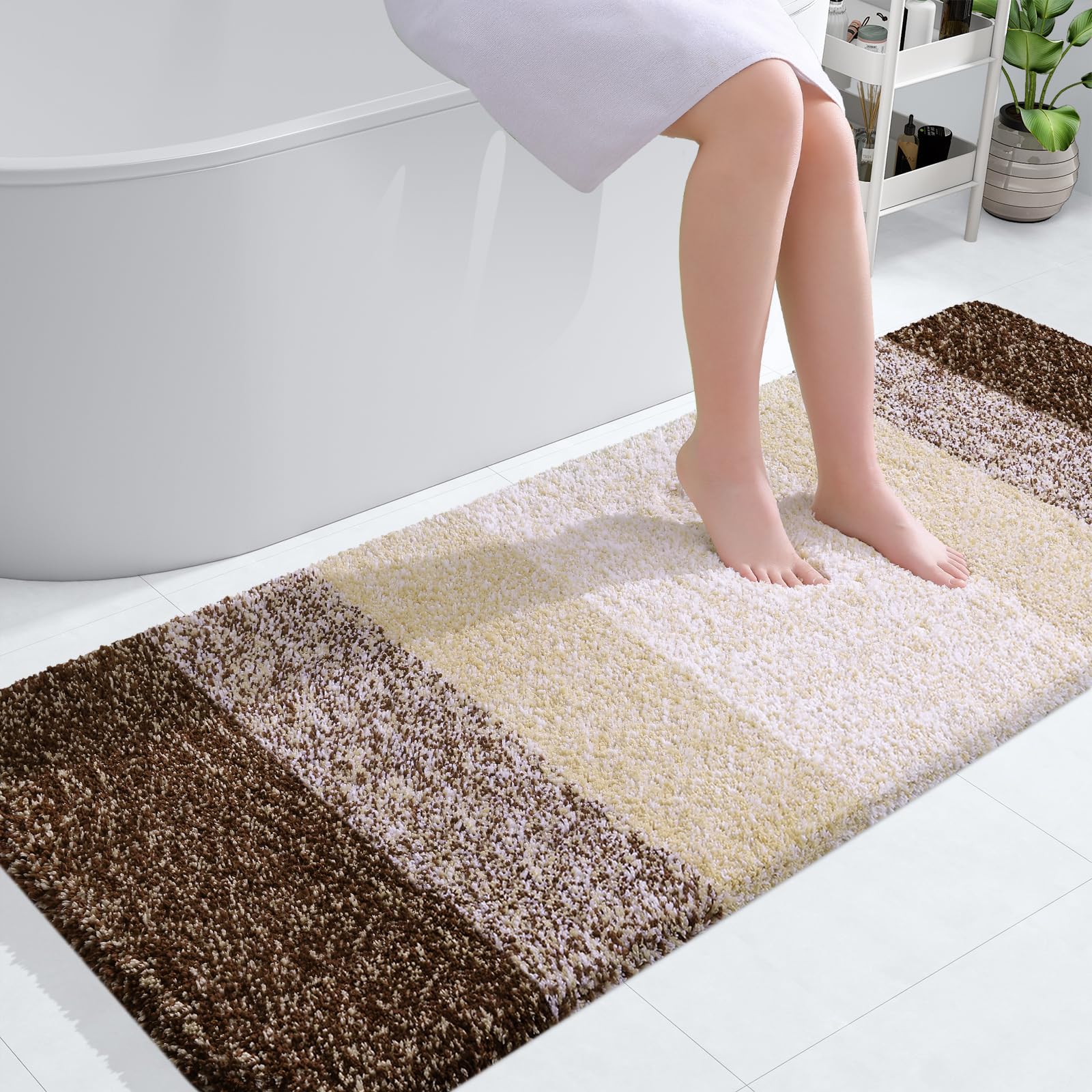 olanly luxury bathroom rug mat 54x24, extra soft and absorbent microfiber bath rugs, non-slip plush shaggy bath carpet, machine wash dry, bath mats for bathroom floor, tub and shower, brown