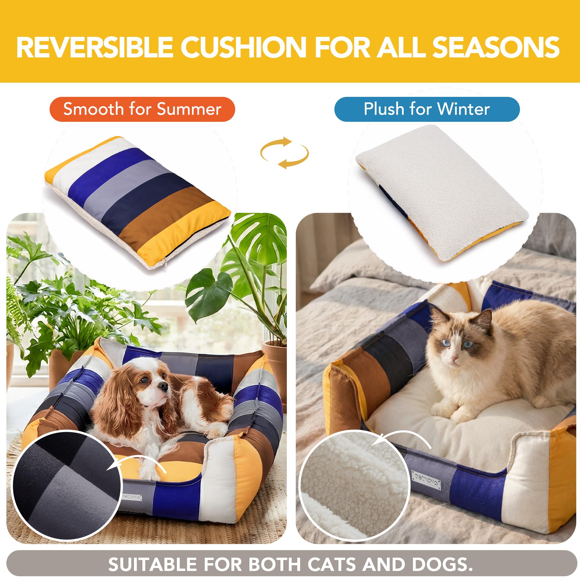 PETNOVO Lit pour Chat Arc-en-Ciel, Housse Amovible, Lavable, Corbeille de Sommeil Douillette avec Bord, Intérieur, Lit Douillet pour Chats et Petits Chiens, 75 × 55 × 20 cm, Arc-en-Ciel Bleu-Gris