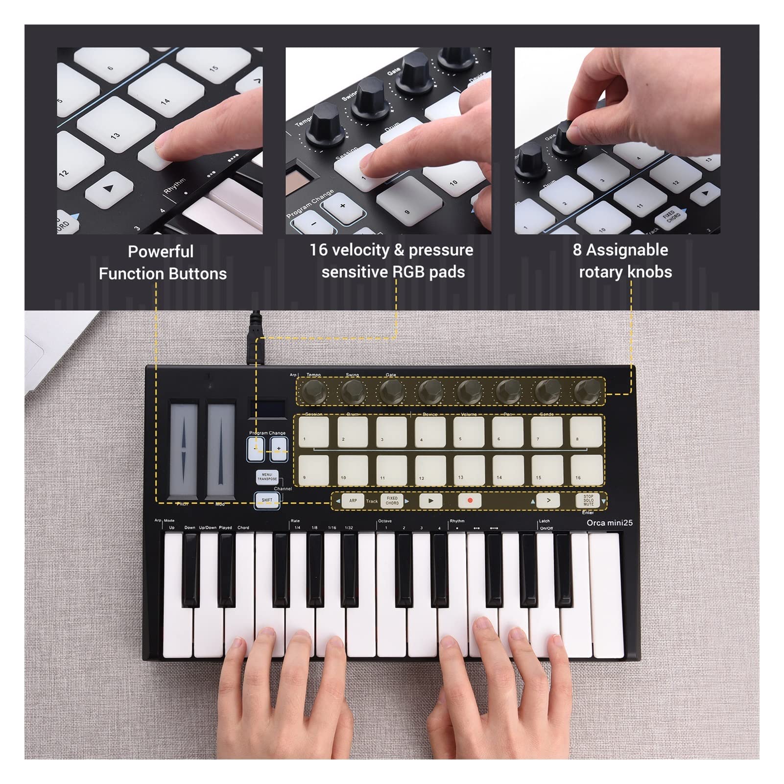 Clavier Piano Portable 25-clé USB MIDI Contrôleur De Clavier avec 16 RVB Pads De Déclenchement Rétro-éclairé 8 Boutons De Commande Assignables