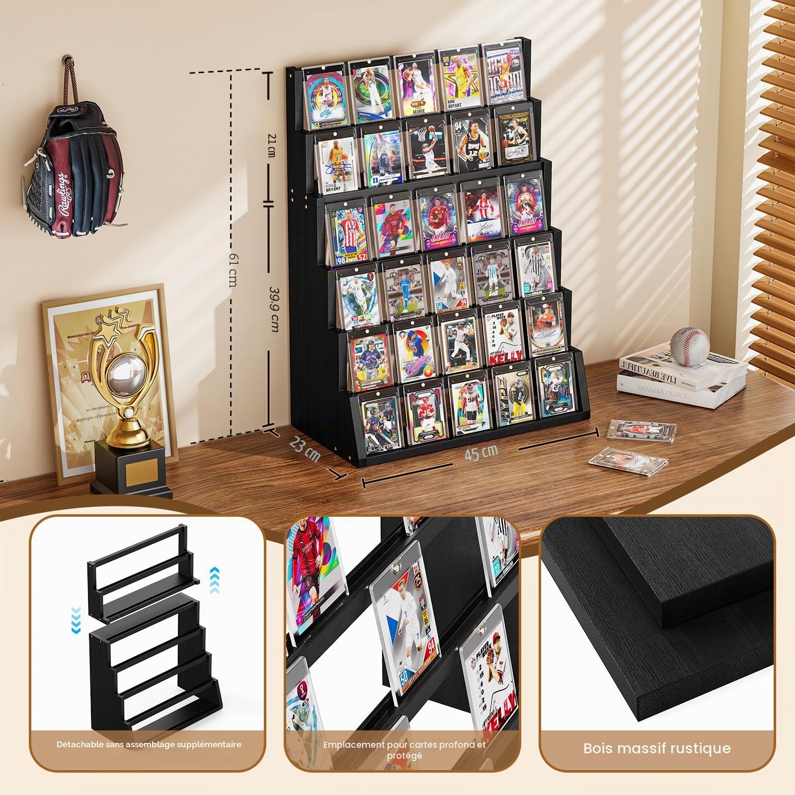 Présentoir à cartes de collection, Support en bois à 6 niveaux pour cartes de collection, Support pour cartes de baseball avec porte-cartes et compartiments réglables pour collectionner et