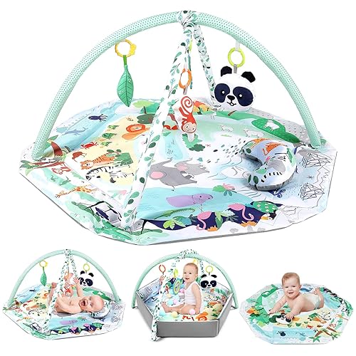 dearlomum Tapete 4 en 1 para el tiempo de barriga, tapete de juego de actividades para bebés, alfombrillas de juego para recién nacidos para el