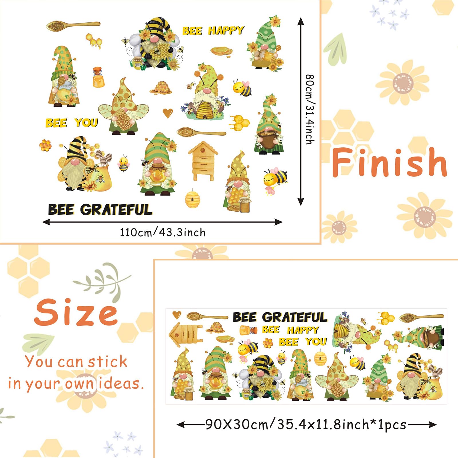 KAIRNE Bee Window Stickers Daisy Honeycomb Spring Summer Sticker Bee Happy Window Clings Gnomes Honeypot Wall Decals for Living Room Bedroom Yellow Sunflower Watercolor Clings for Store Showcase - Image 2