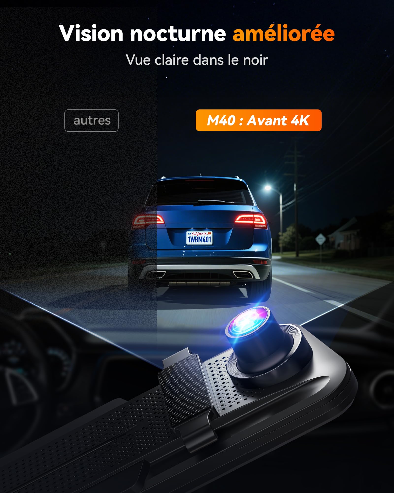 WOLFBOX M40 Rétroviseur de caméra arrière 10" 4K + 1080P pour caméra embarquée avant et arrière avec caméra ADAS/BSD, contrôle vocal, Wi-Fi intégré, carte 64 Go et GPS