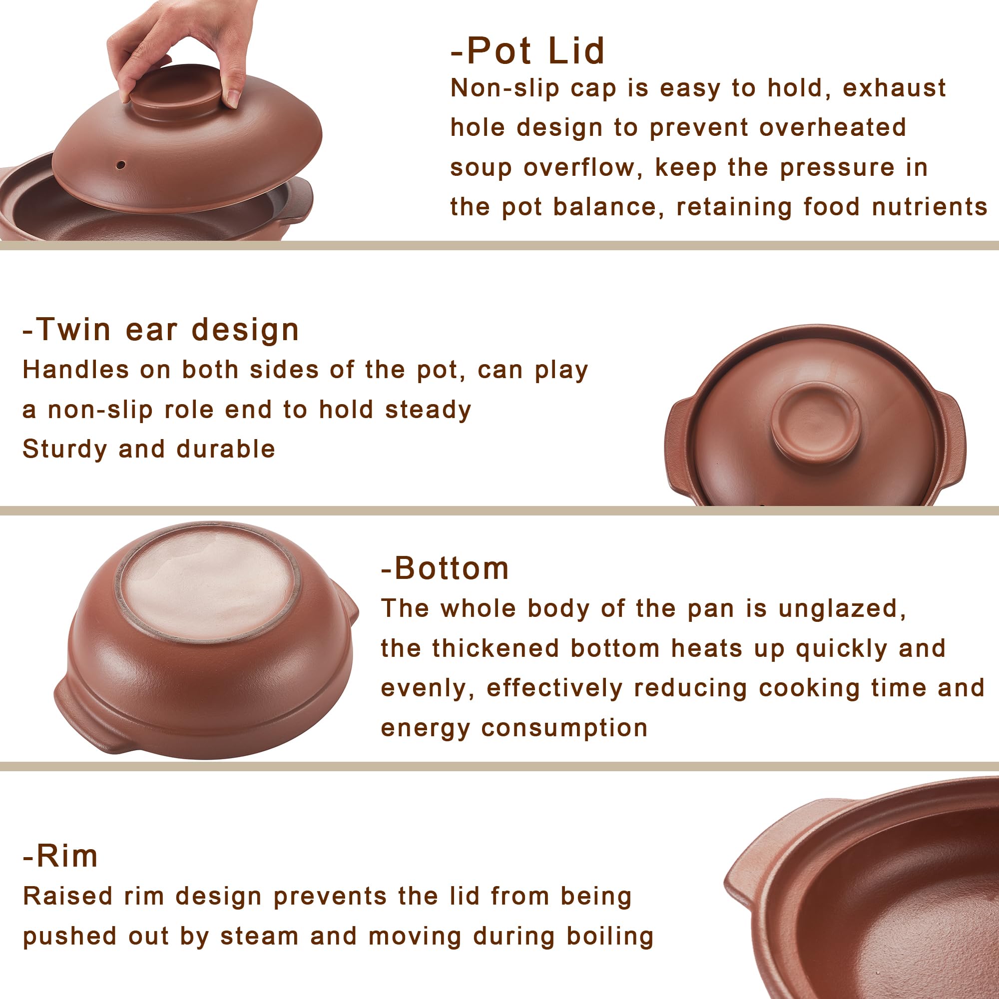Casseruola in ceramica di terracotta non smaltata, pentola in terracotta, pentola con coperchio per cena e feste, pentola per riso, stufato, forno e servire in forno, sicura e resistente al calore